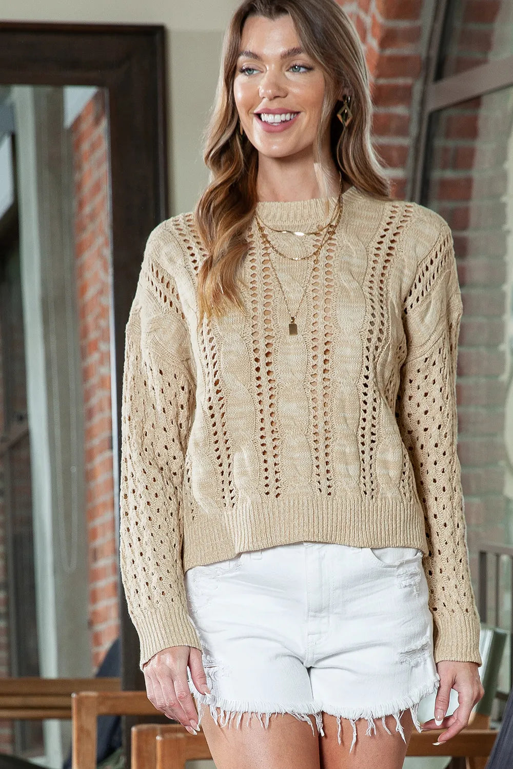 Full Size Openwork Cable-Knit Round Neck Knit Top | Deb Shops