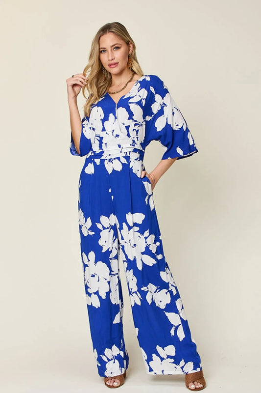 Full Size Printed Tie Back Wide Leg Jumpsuit