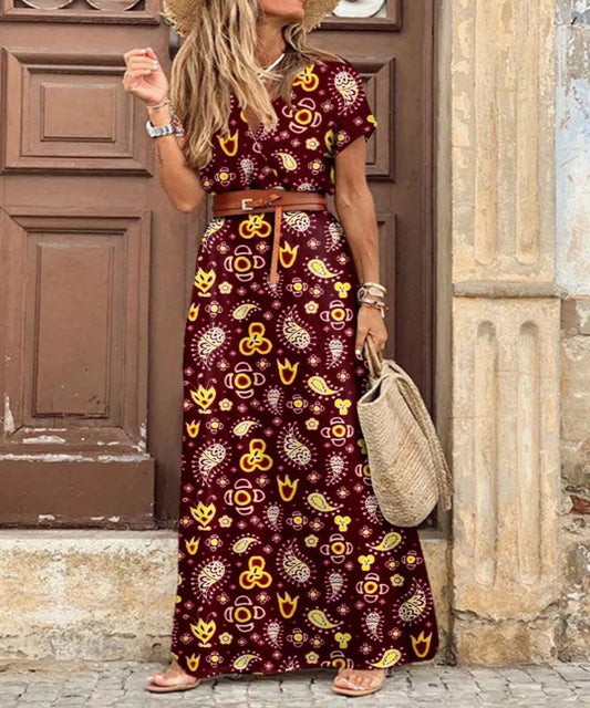 Full Size Printed V-Neck Short Sleeve Maxi Dress