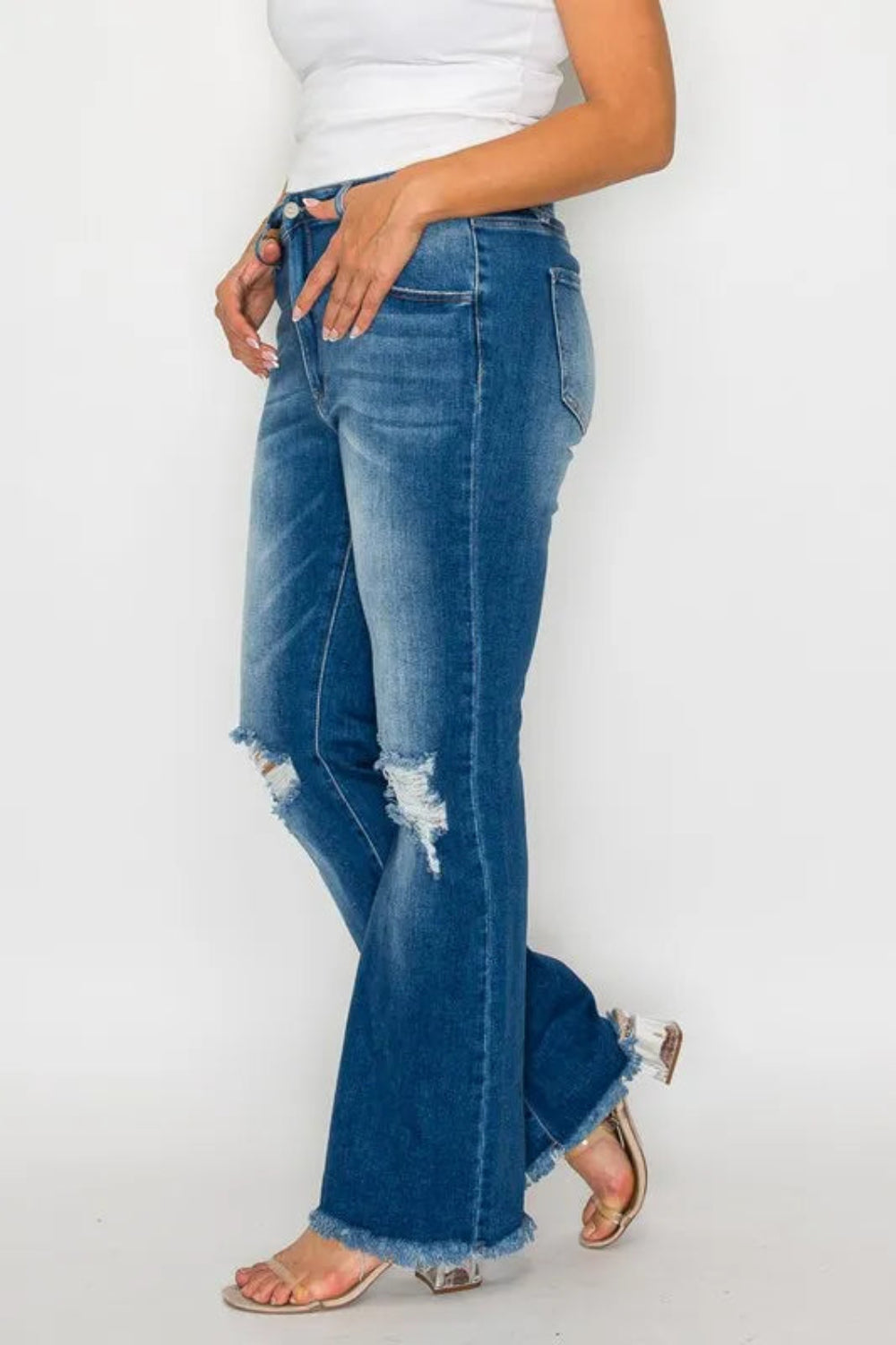Full Size Raw Hem Distressed High Rise Bootcut Jeans | Deb Shops