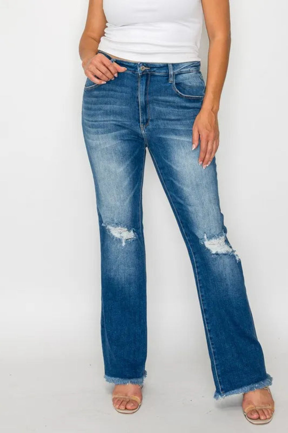 Full Size Raw Hem Distressed High Rise Bootcut Jeans | Deb Shops