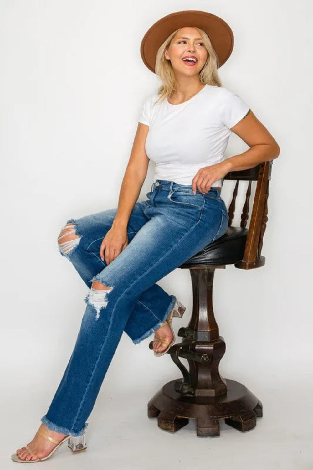 Full Size Raw Hem Distressed High Rise Bootcut Jeans | Deb Shops