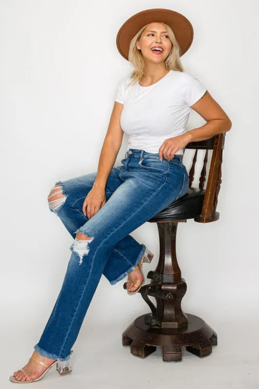 Full Size Raw Hem Distressed High Rise Bootcut Jeans | Deb Shops