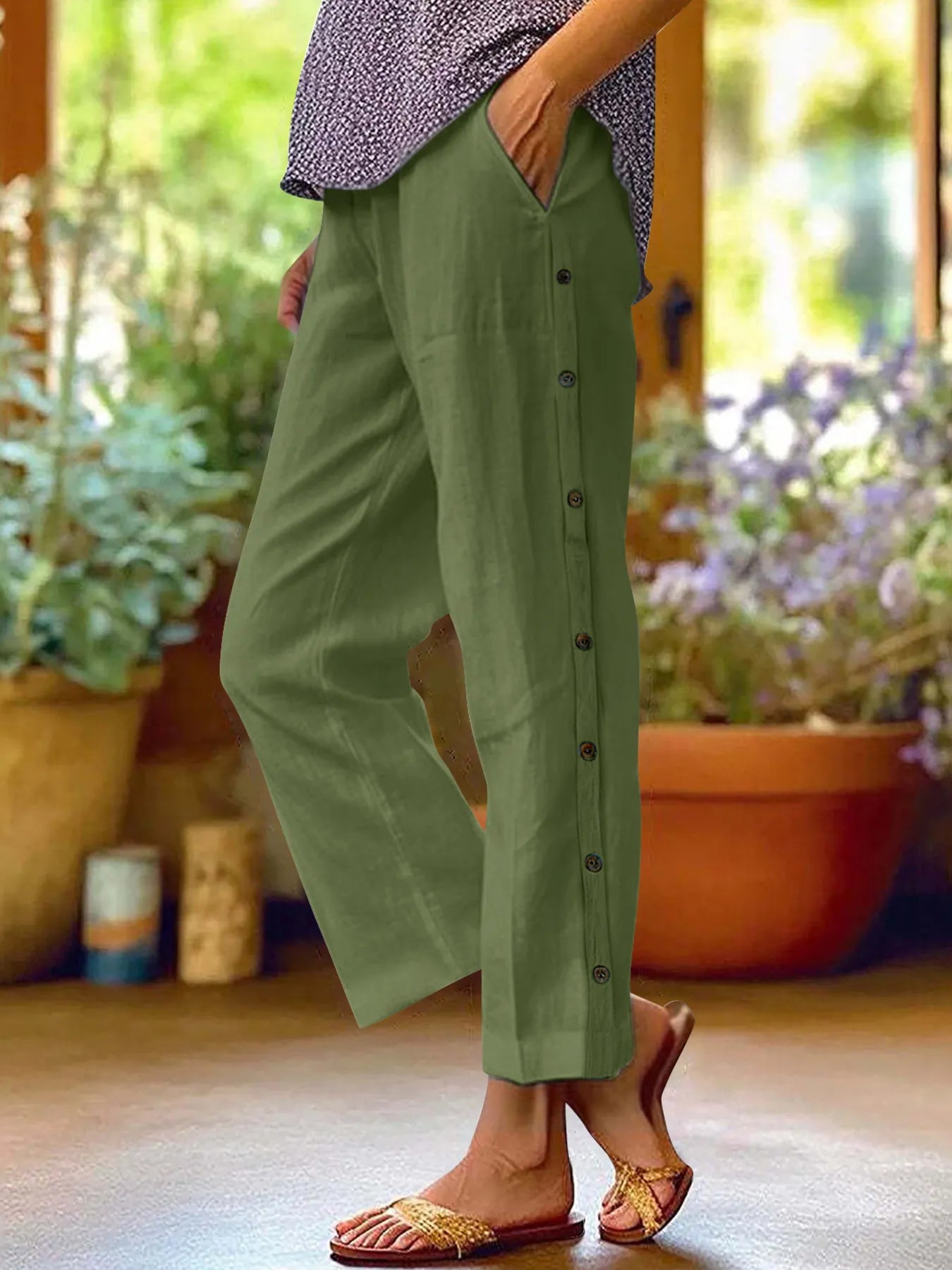Full Size Side Decor Button Casual Wide Leg Pants | Deb Shops