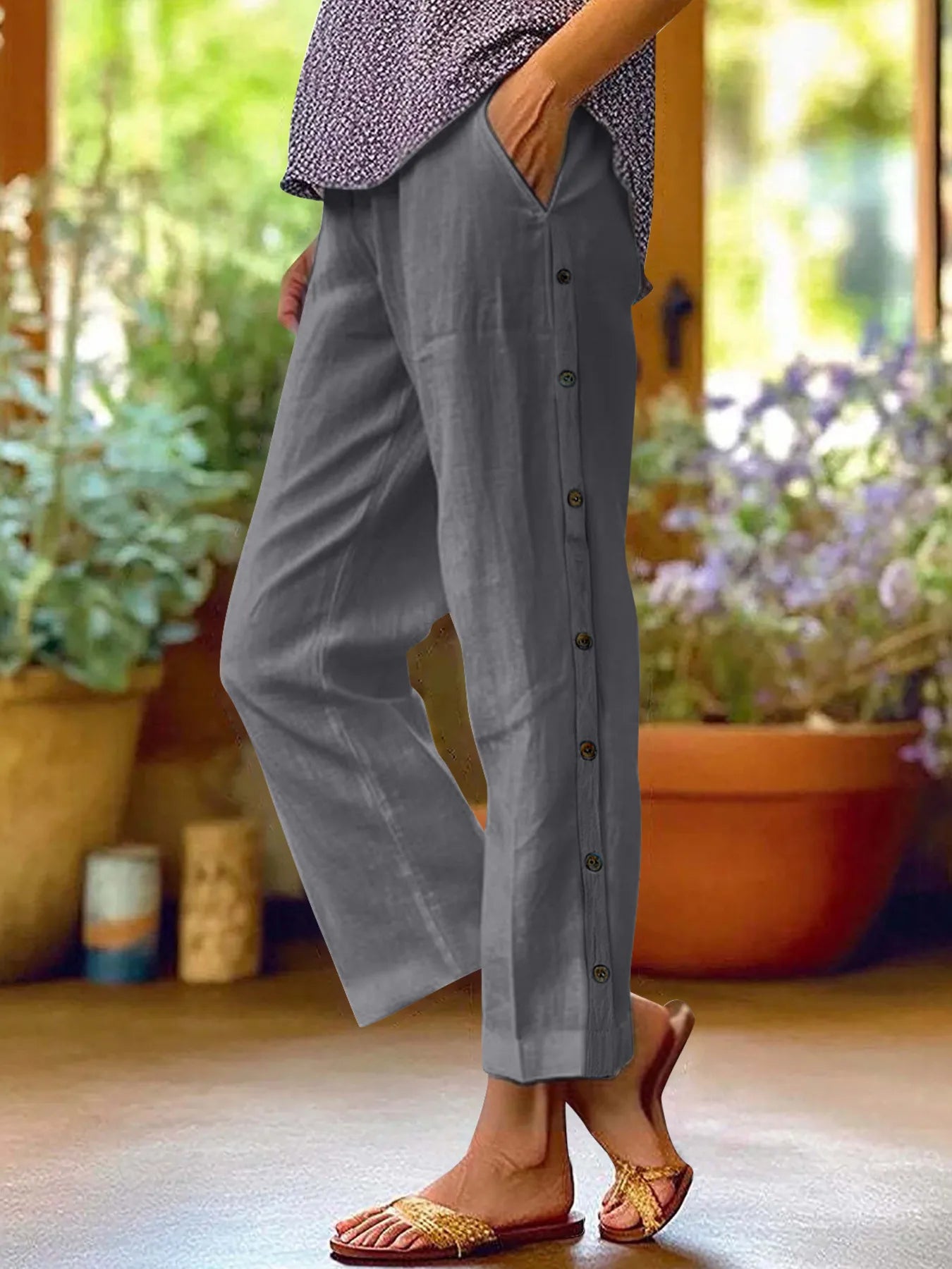 Full Size Side Decor Button Casual Wide Leg Pants | Deb Shops