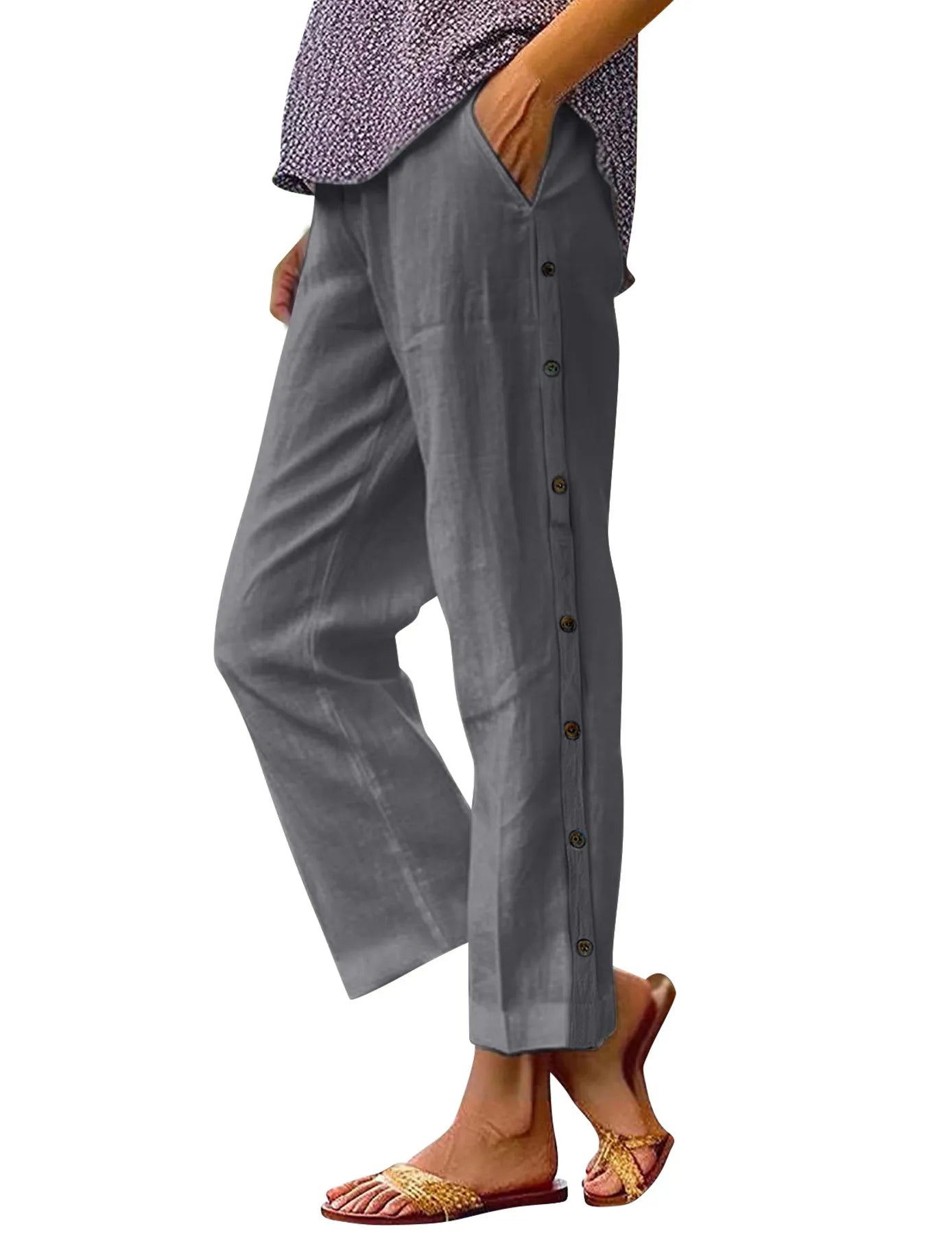 Full Size Side Decor Button Casual Wide Leg Pants | Deb Shops