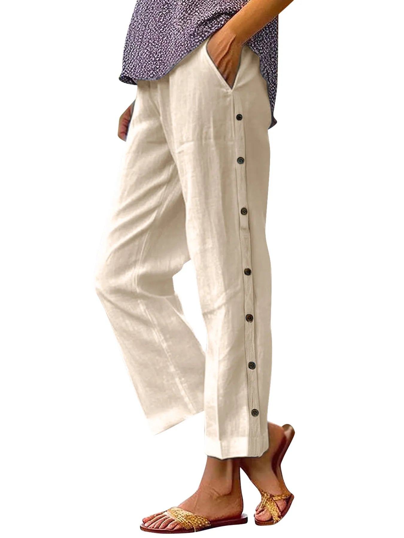 Full Size Side Decor Button Casual Wide Leg Pants | Deb Shops