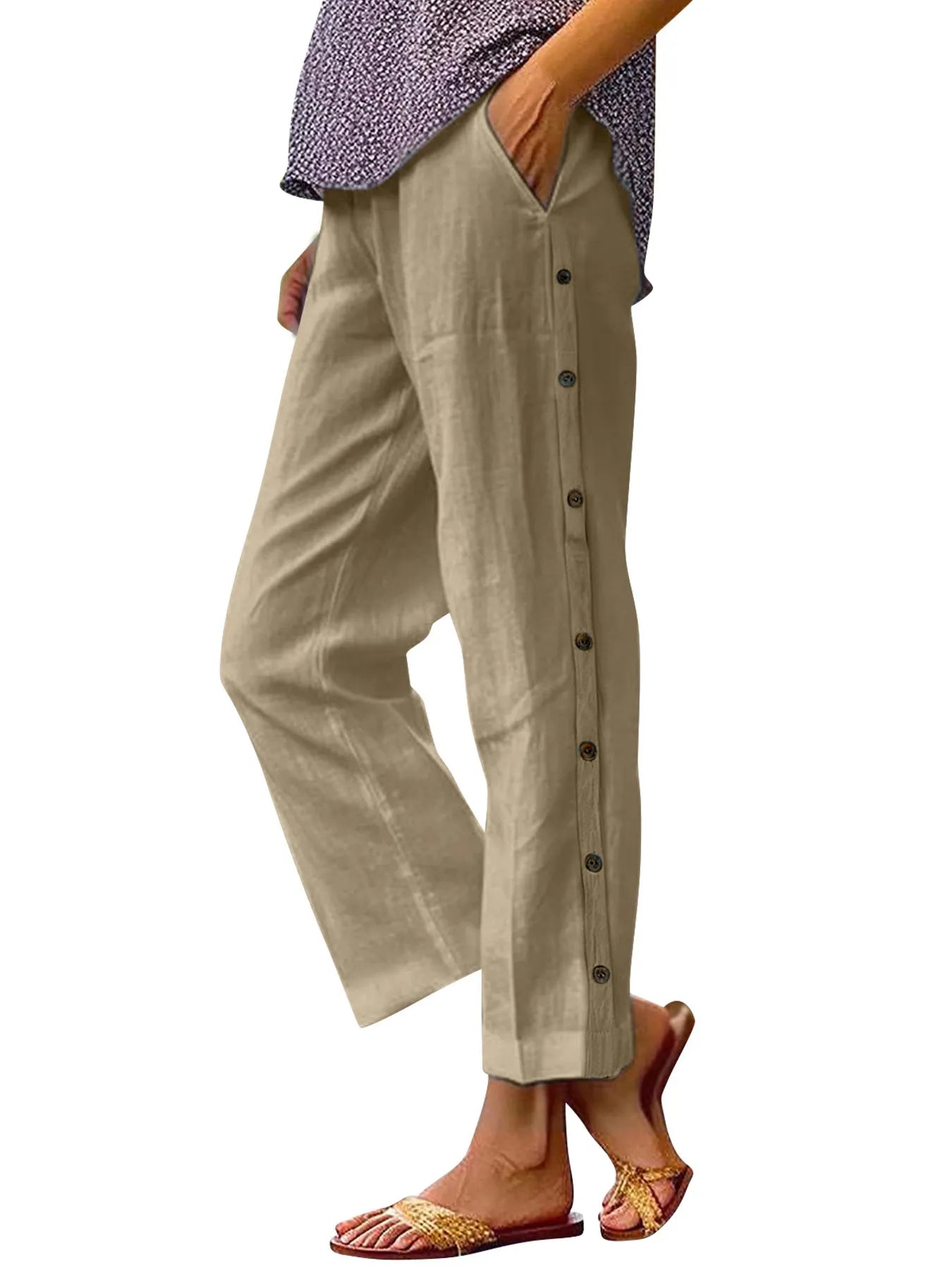 Full Size Side Decor Button Casual Wide Leg Pants | Deb Shops
