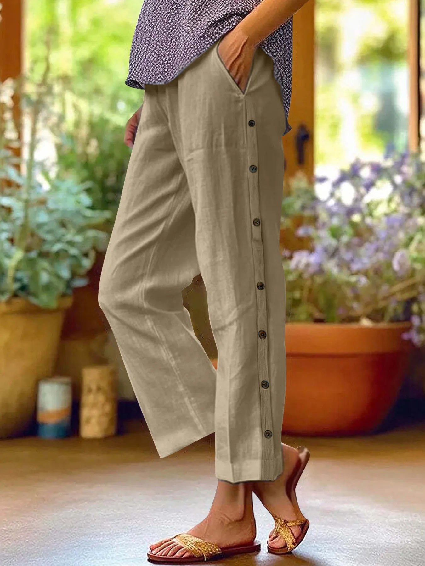 Full Size Side Decor Button Casual Wide Leg Pants | Deb Shops