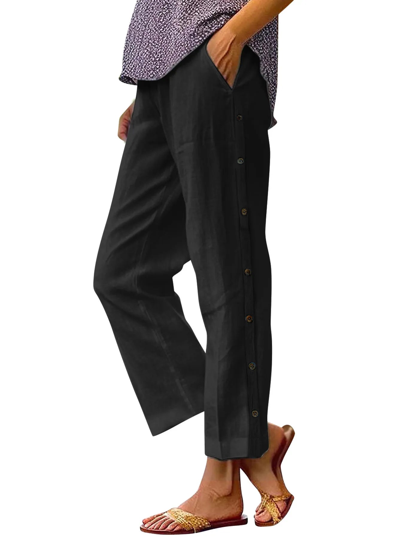 Full Size Side Decor Button Casual Wide Leg Pants | Deb Shops