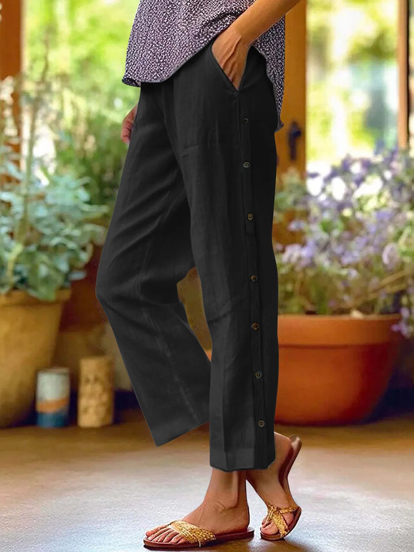 Full Size Side Decor Button Casual Wide Leg Pants | Deb Shops