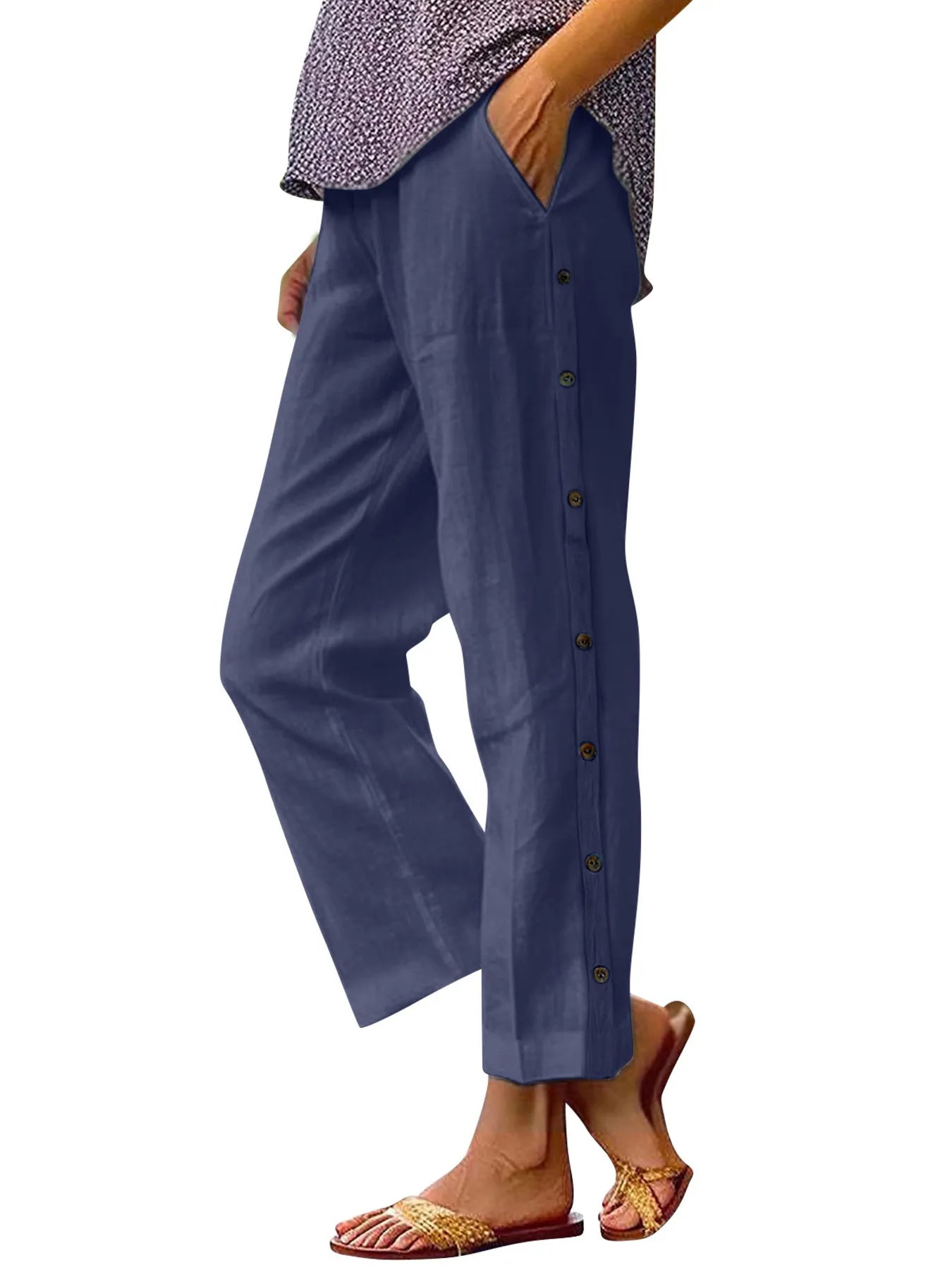 Full Size Side Decor Button Casual Wide Leg Pants | Deb Shops