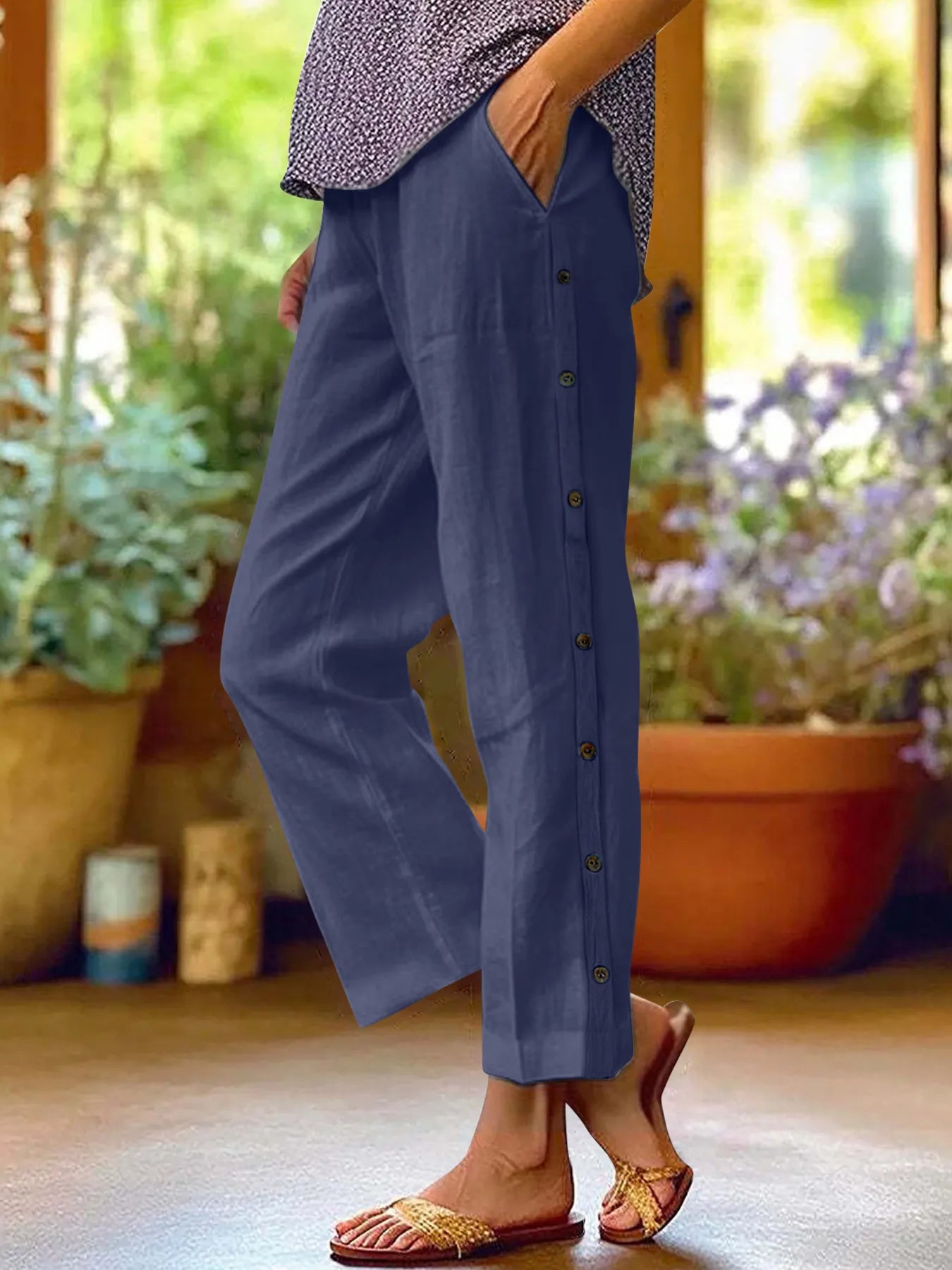 Full Size Side Decor Button Casual Wide Leg Pants | Deb Shops