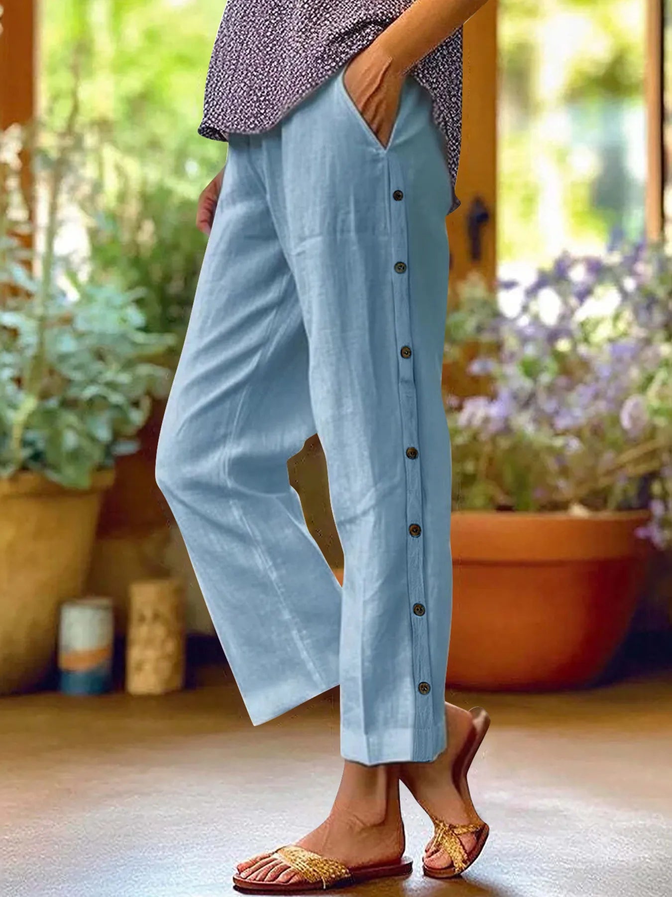 Full Size Side Decor Button Casual Wide Leg Pants | Deb Shops