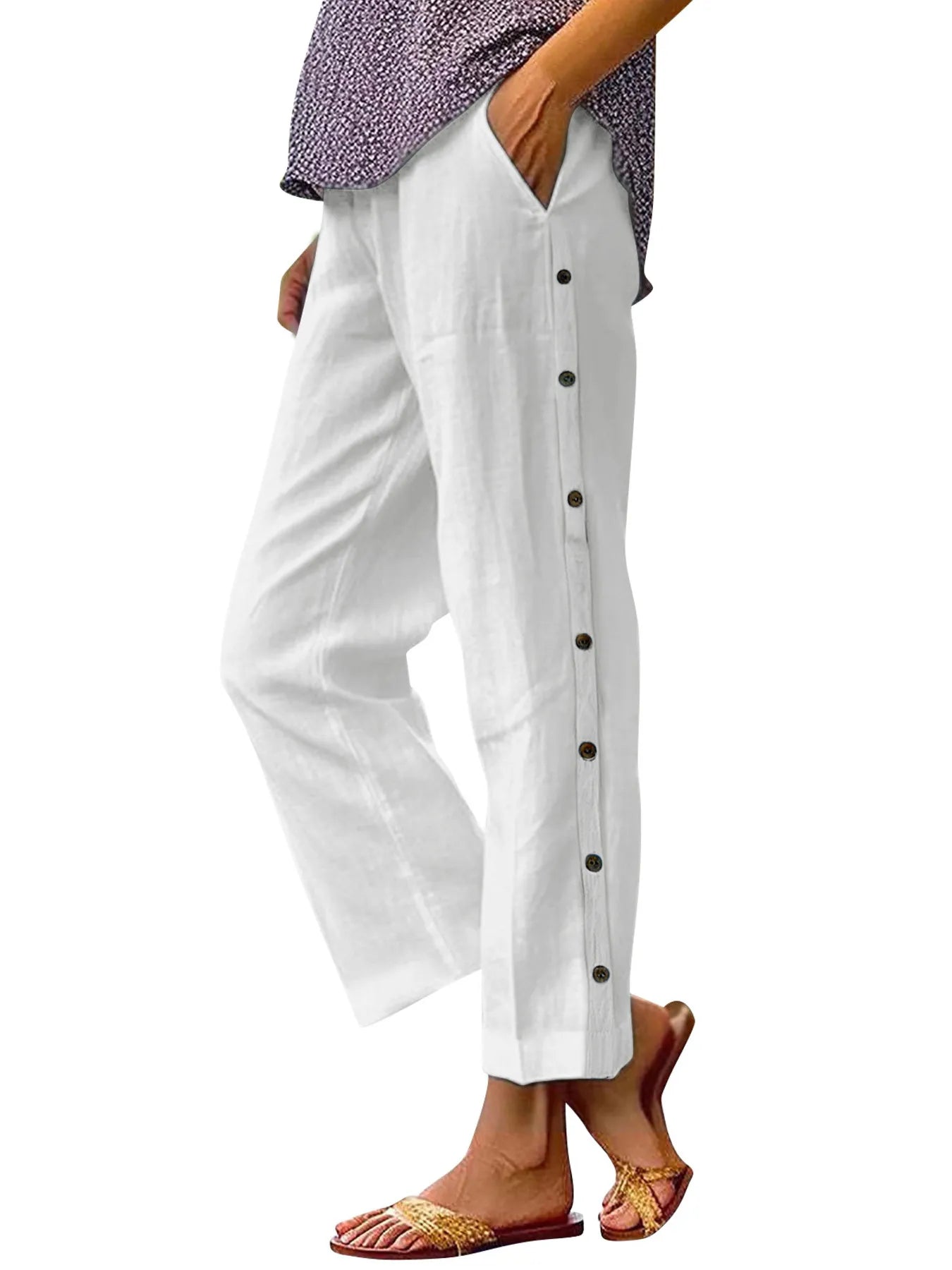 Full Size Side Decor Button Casual Wide Leg Pants | Deb Shops
