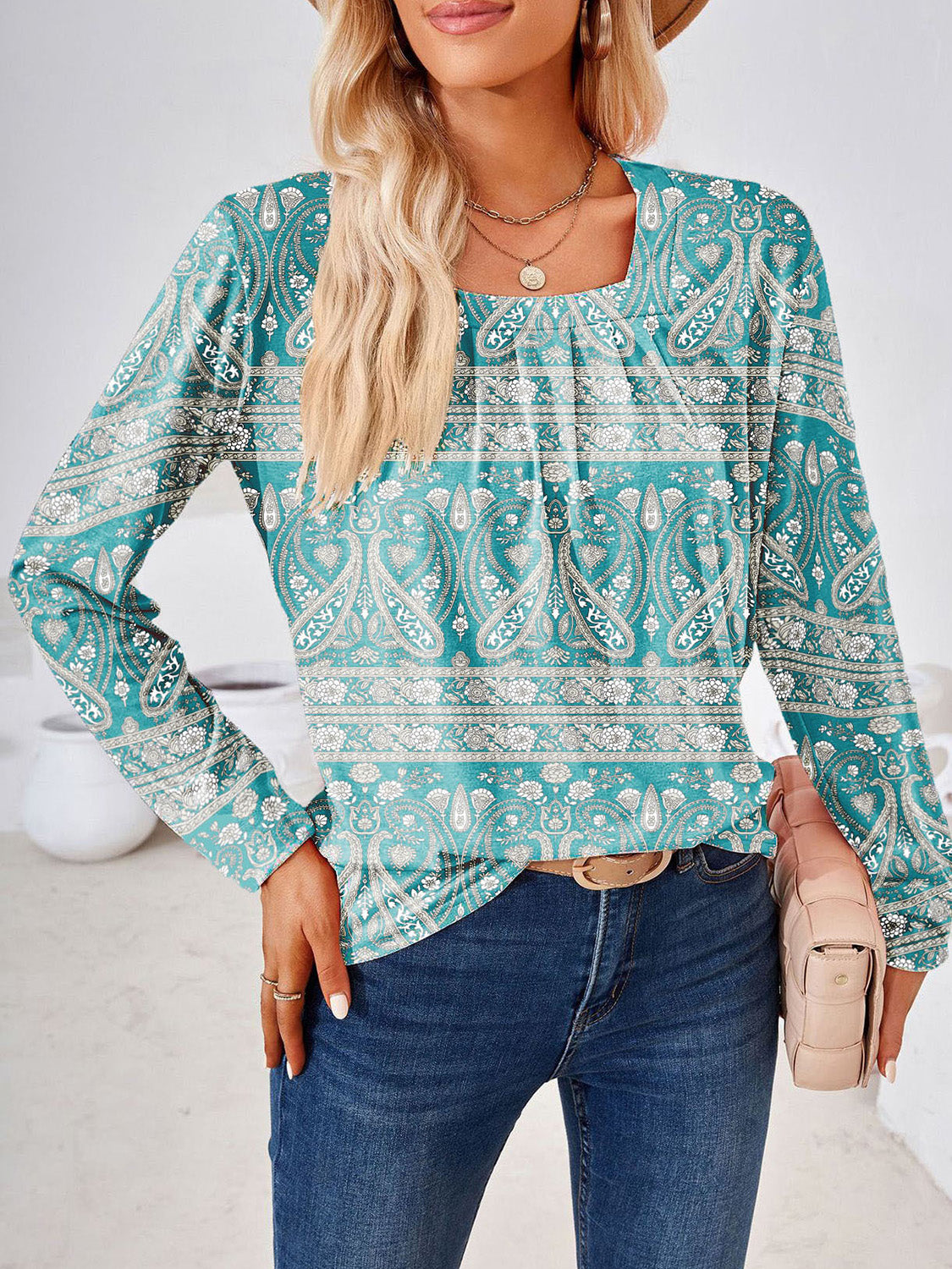 Full Size Square Neck Long Sleeve Blouse | Deb Shops