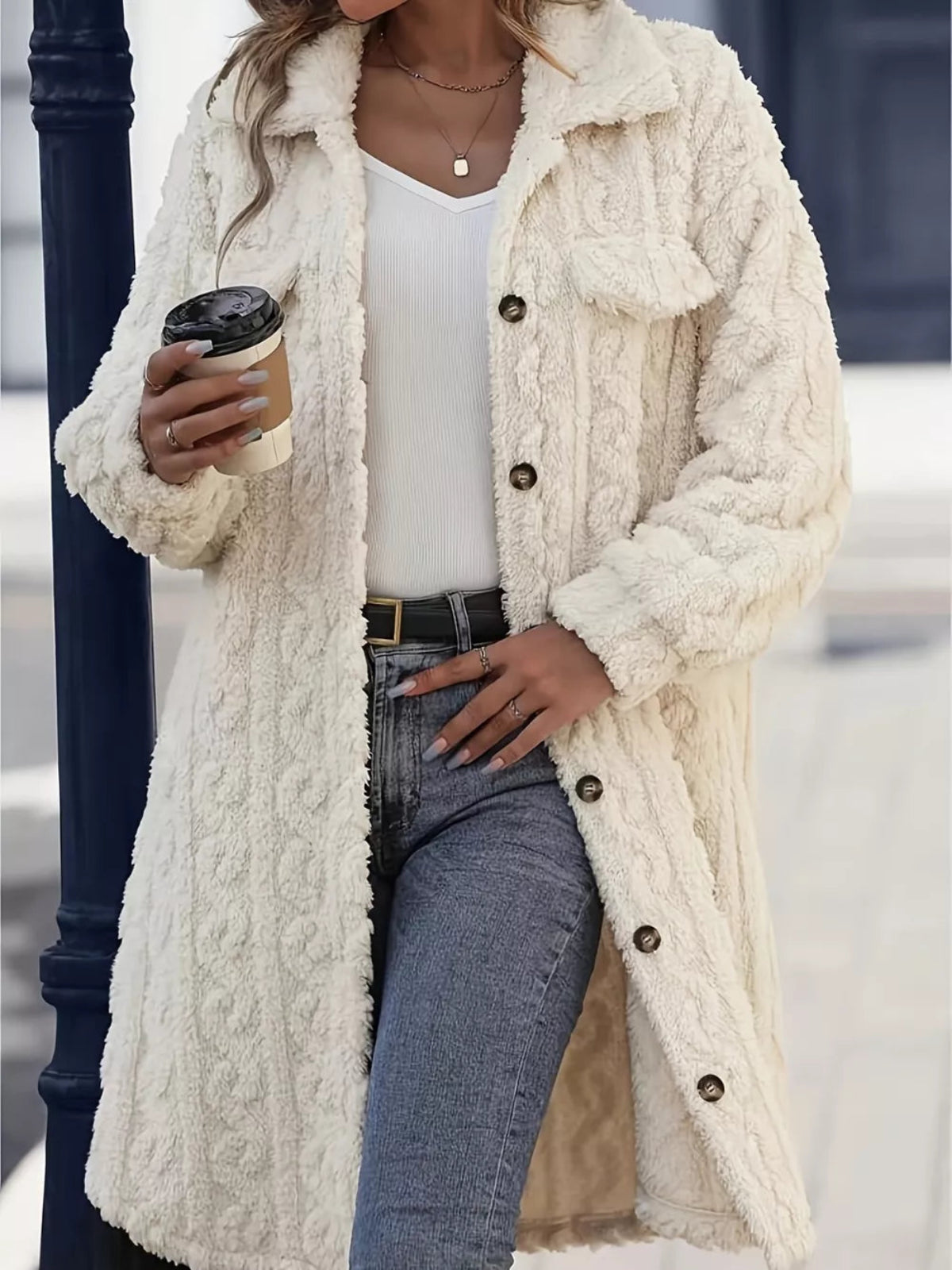 Fuzzy Button-Up Longline Coat
