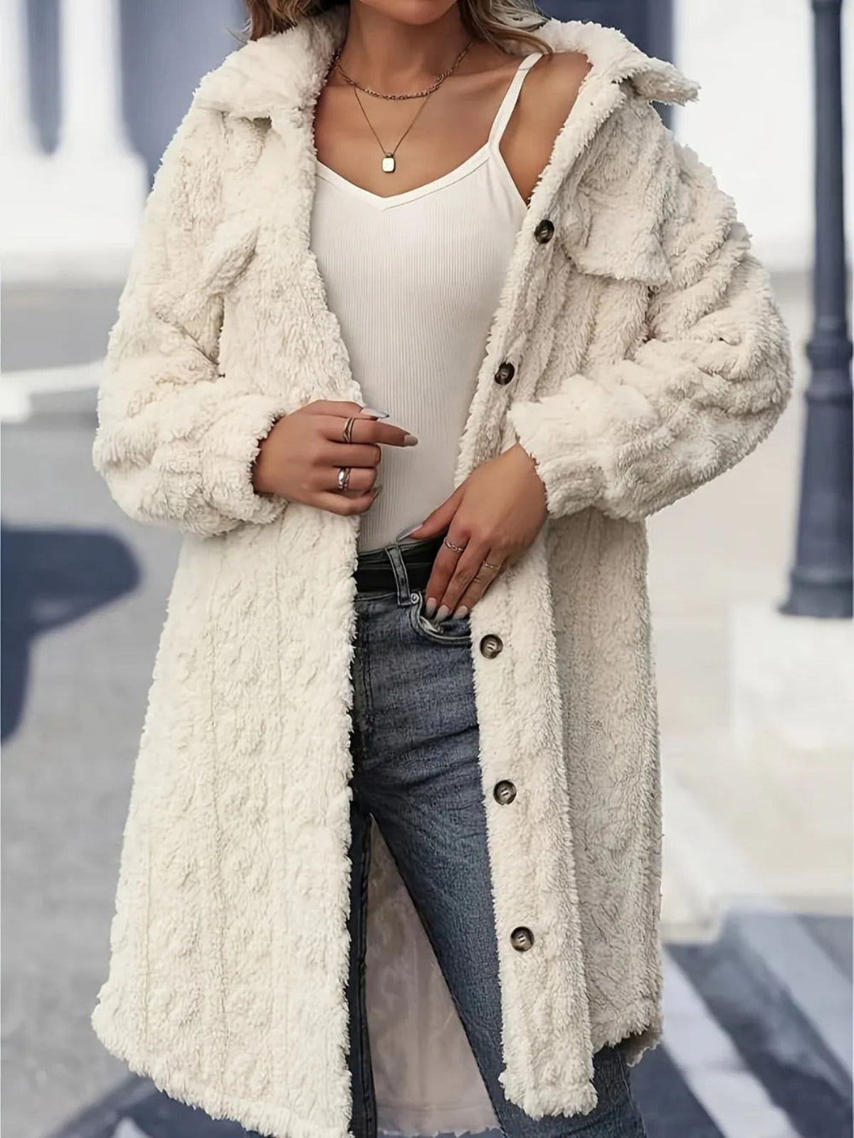 Fuzzy Button-Up Longline Coat