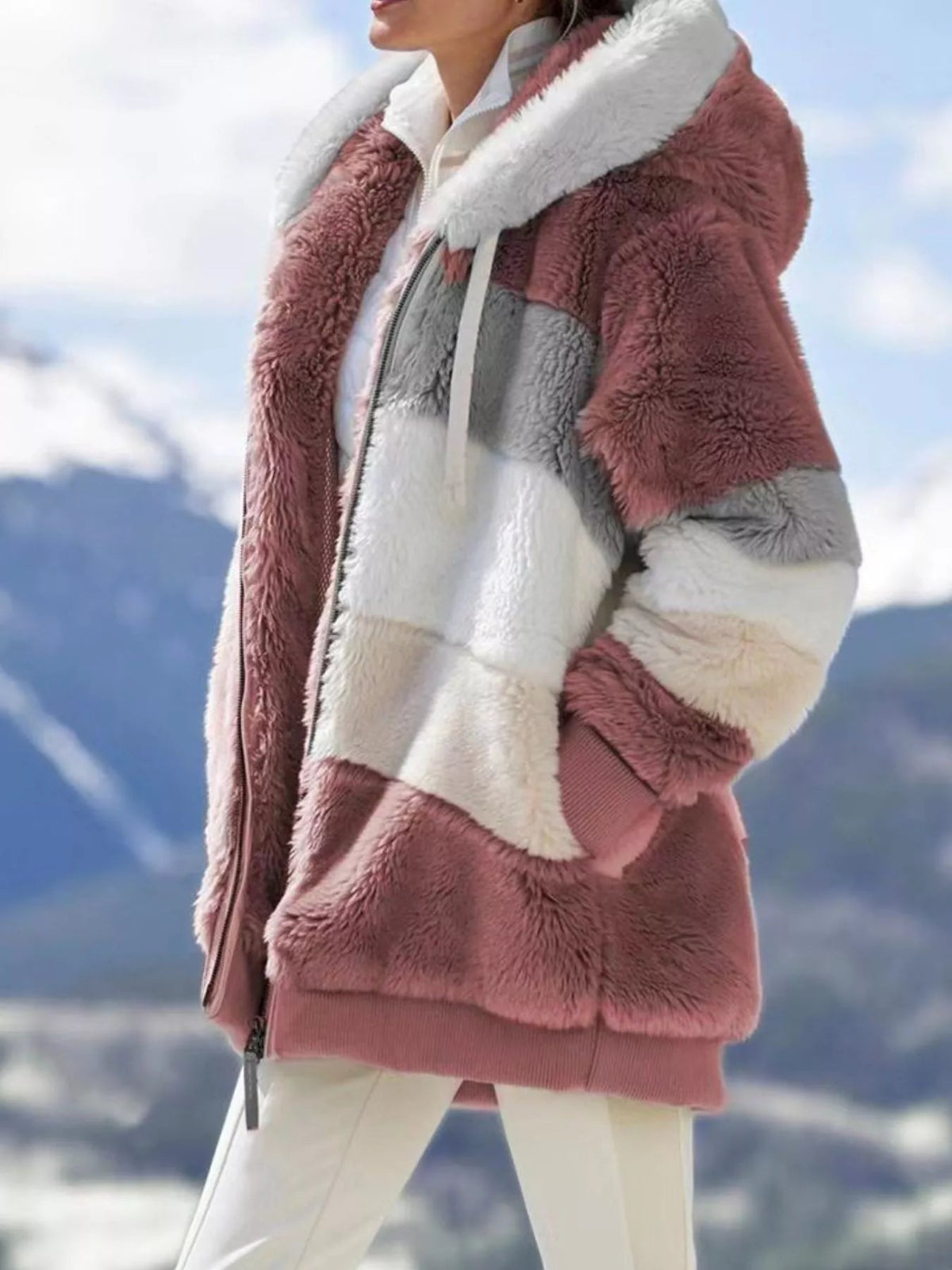Fuzzy Zip-Up Hoodie Jacket with Pockets