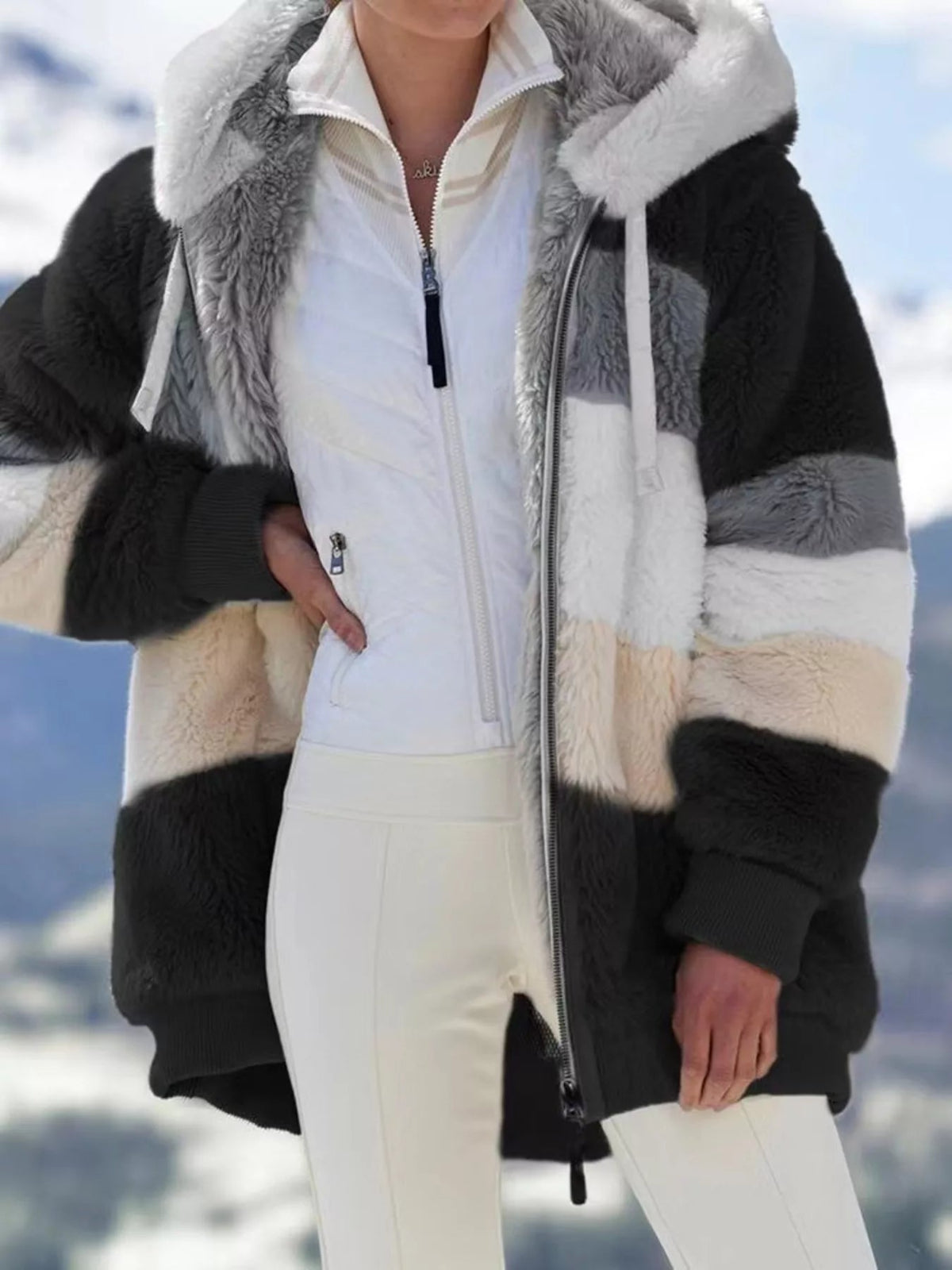 Fuzzy Zip-Up Hoodie Jacket with Pockets