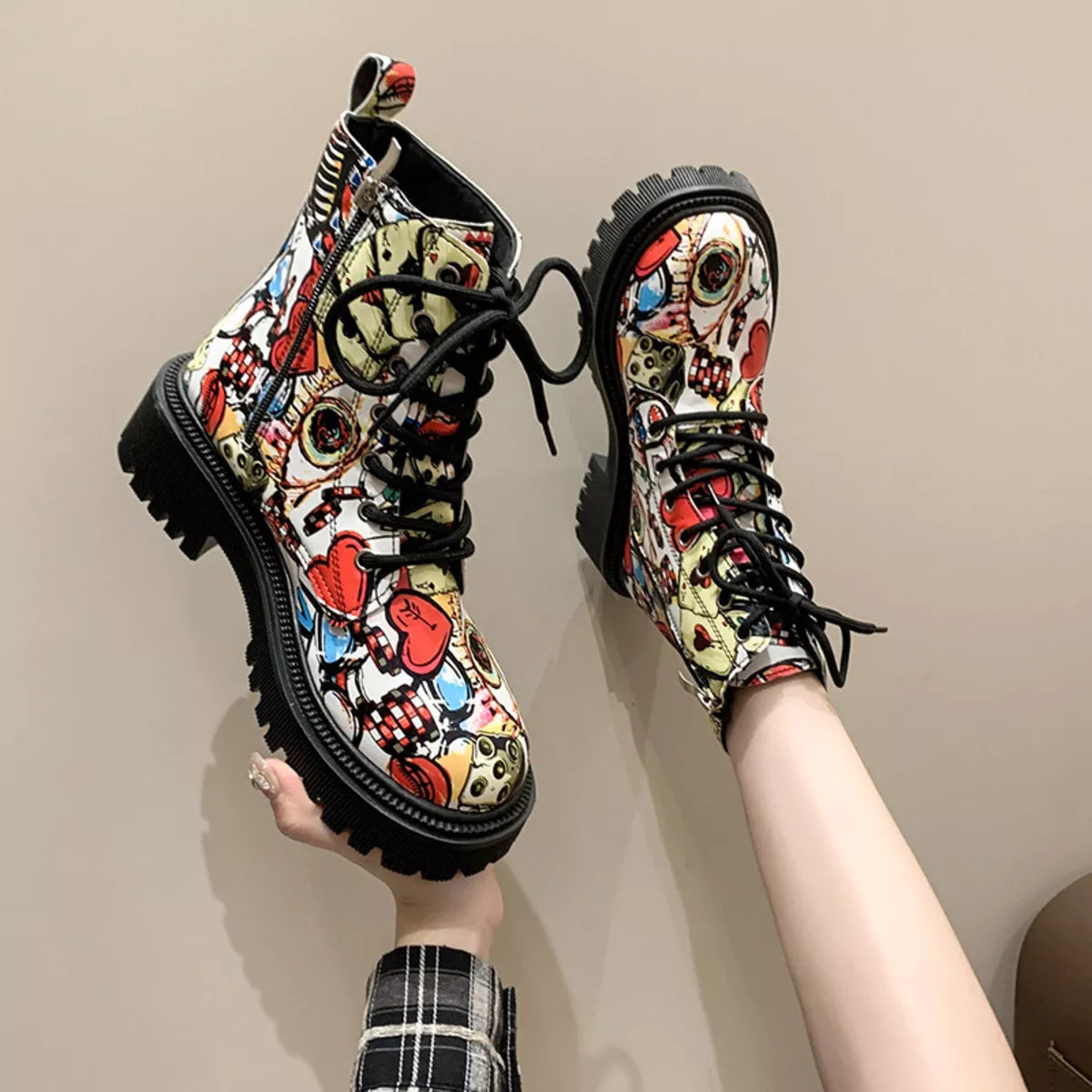 Graffiti Print Combat Boots Colorful Street Art Design | Deb Shops