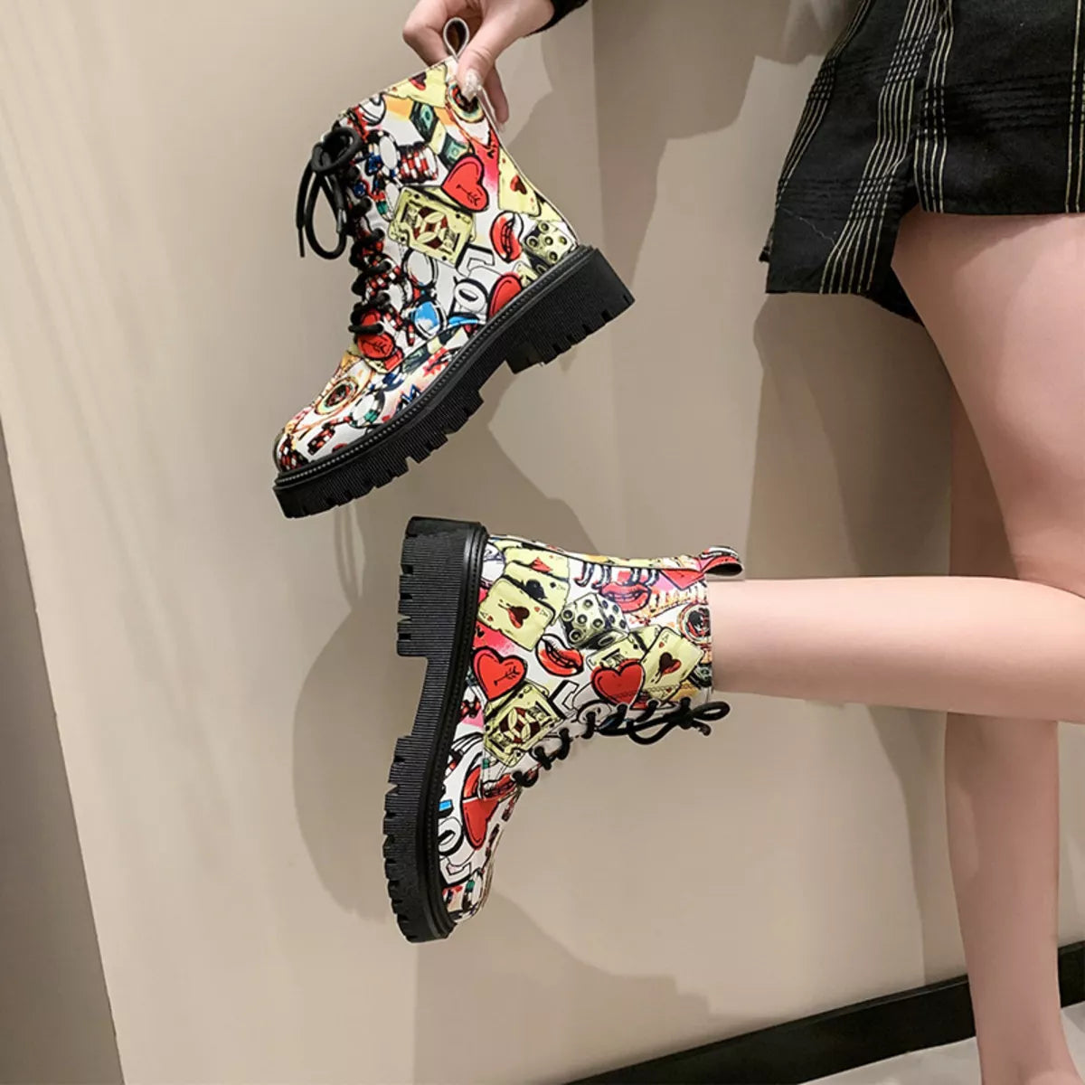 Graffiti Print Combat Boots Colorful Street Art Design | Deb Shops