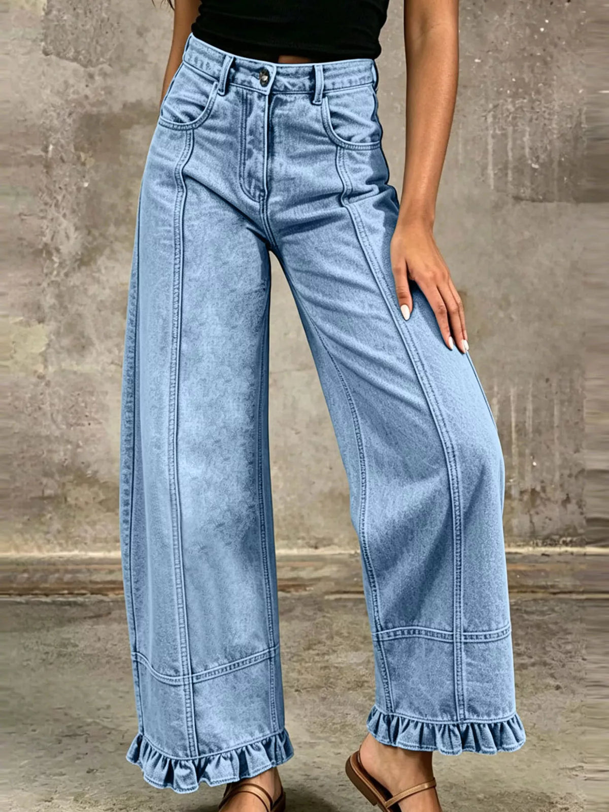 High-Waisted Wide-Leg Ruffle Hem Jeans