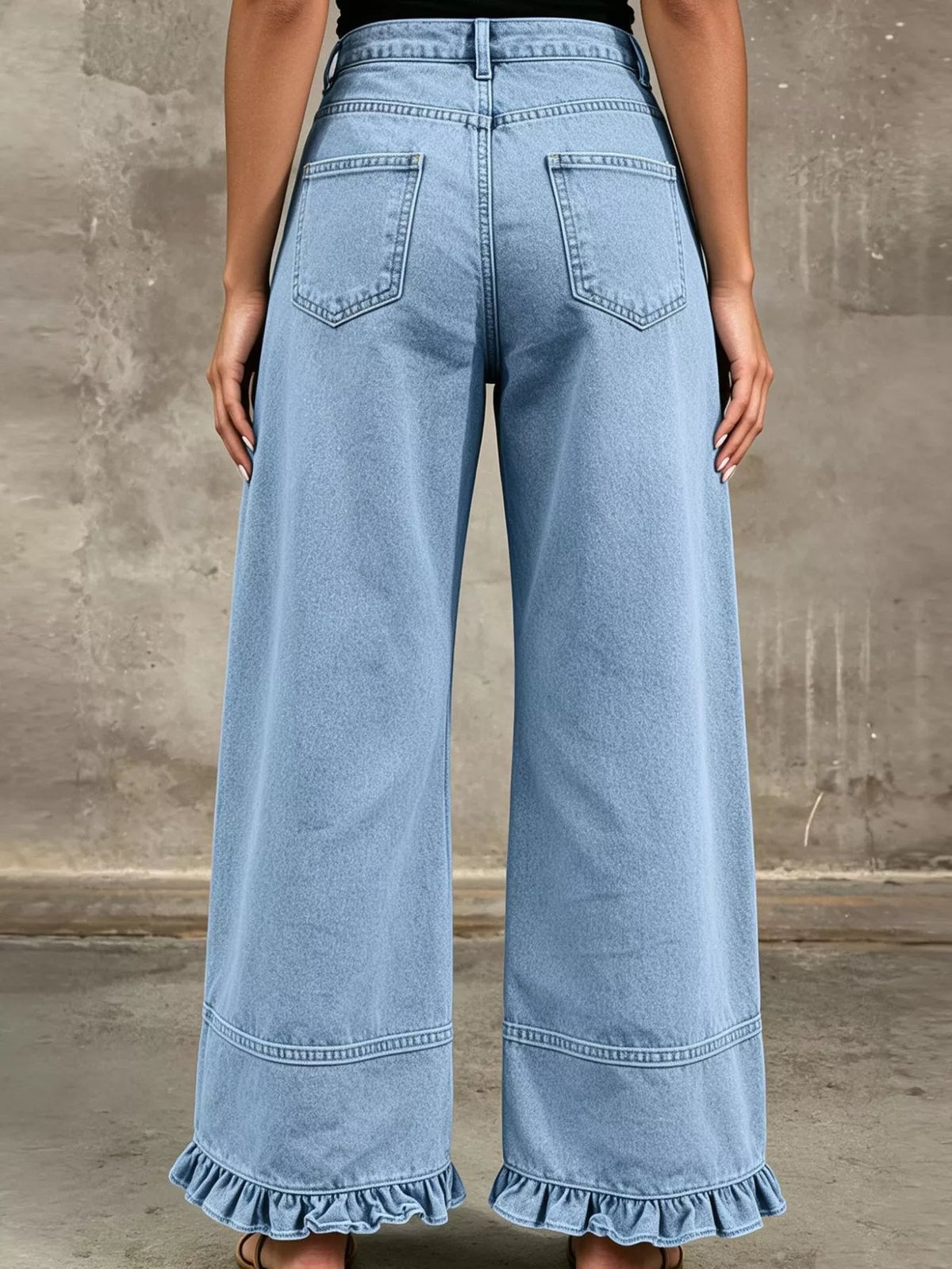 High-Waisted Wide-Leg Ruffle Hem Jeans