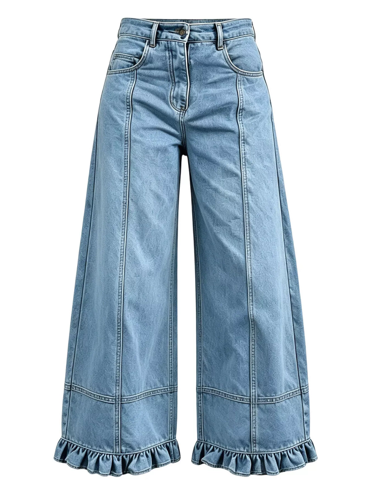 High-Waisted Wide-Leg Ruffle Hem Jeans