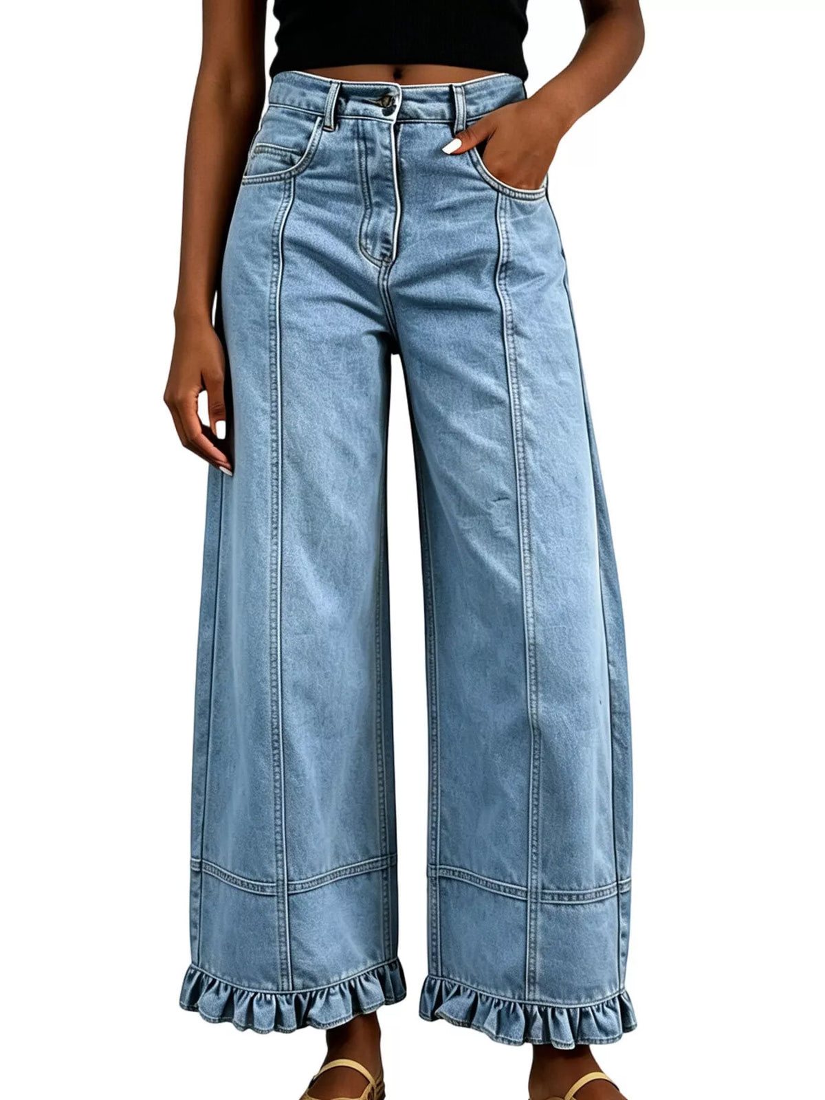 High-Waisted Wide-Leg Ruffle Hem Jeans