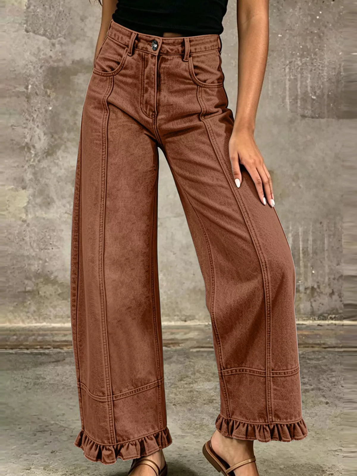 High-Waisted Wide-Leg Ruffle Hem Jeans