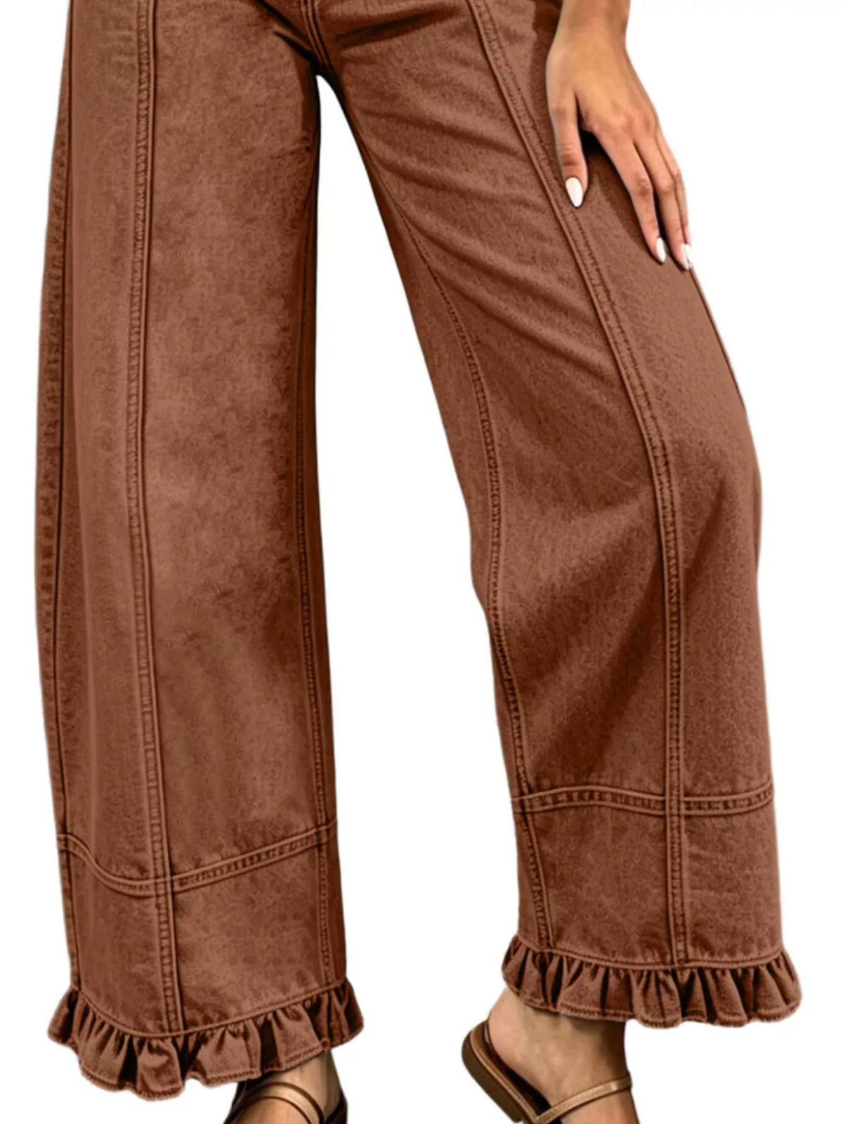 High-Waisted Wide-Leg Ruffle Hem Jeans