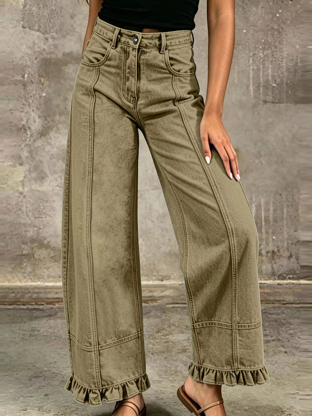 High-Waisted Wide-Leg Ruffle Hem Jeans