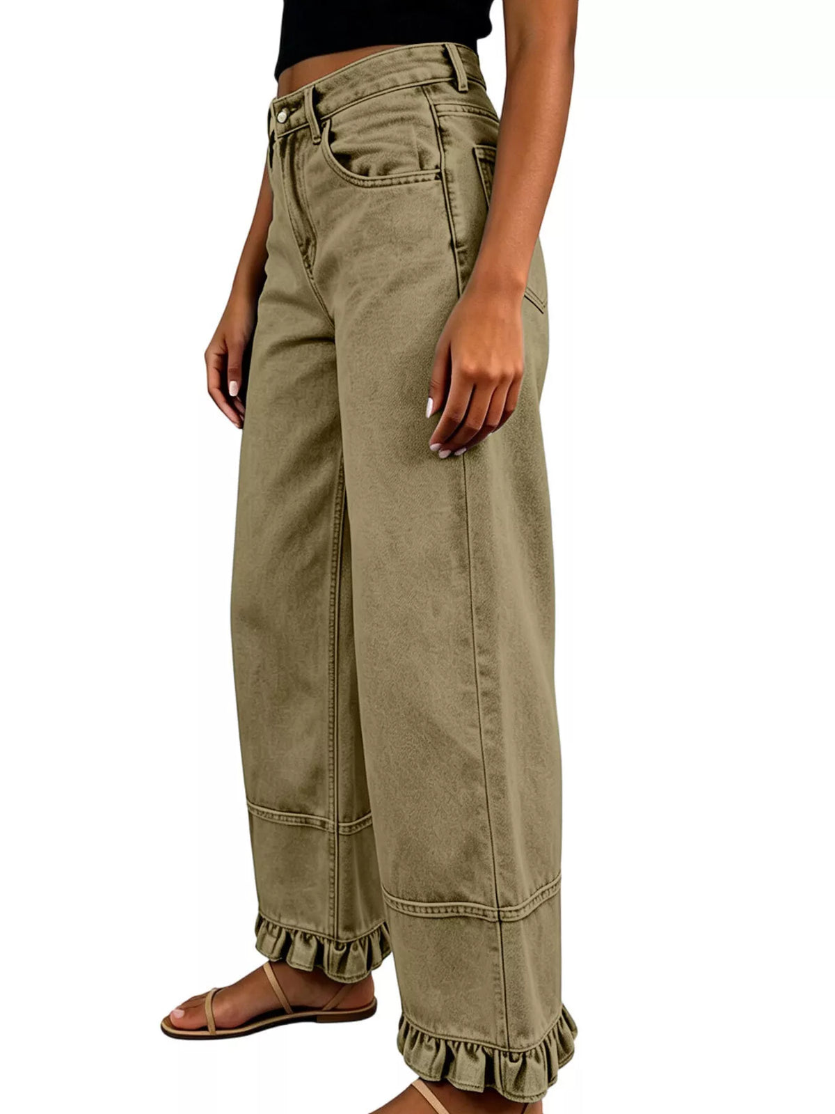 High-Waisted Wide-Leg Ruffle Hem Jeans