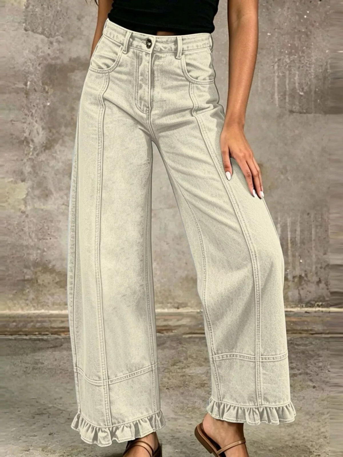 High-Waisted Wide-Leg Ruffle Hem Jeans