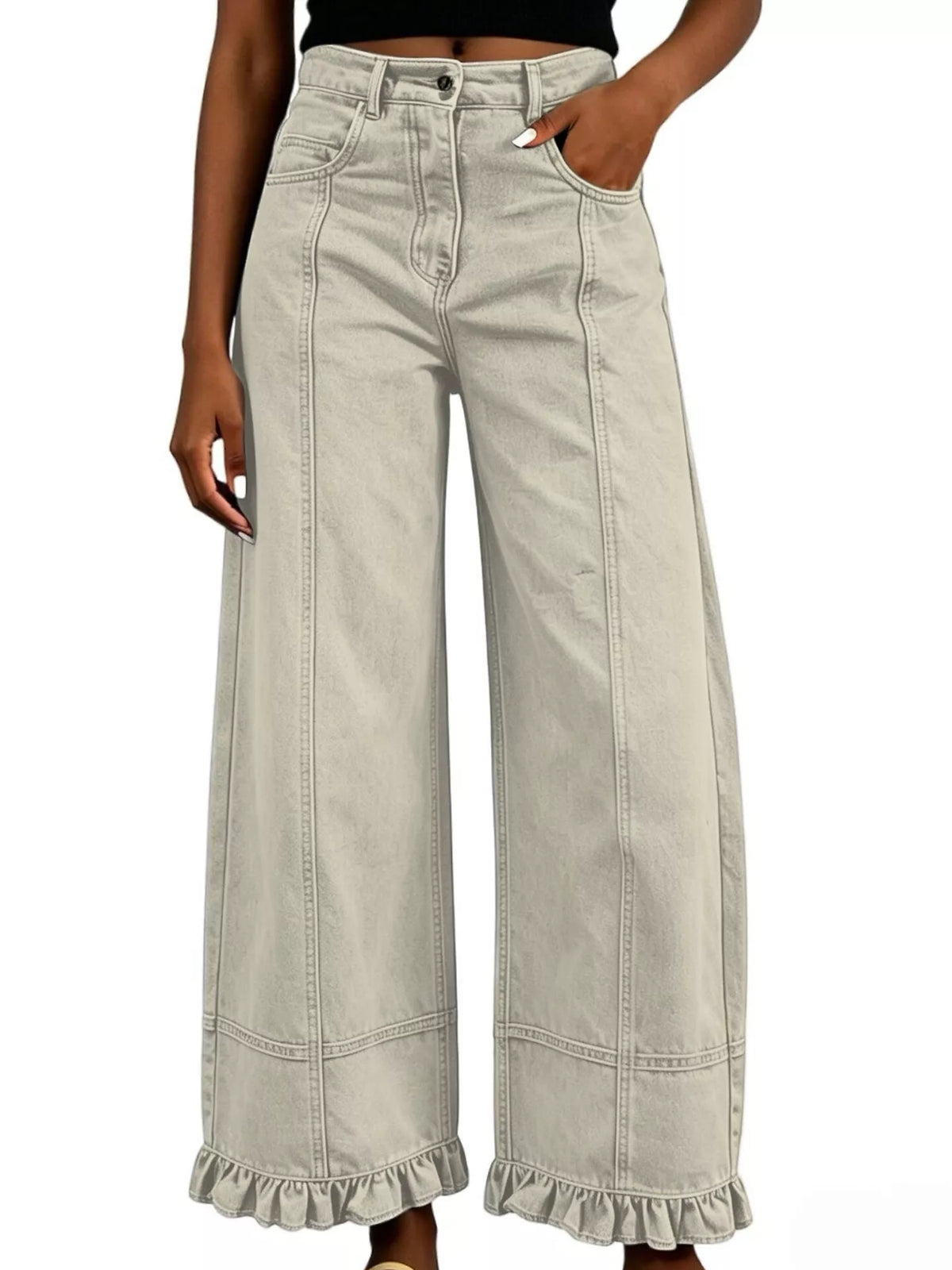 High-Waisted Wide-Leg Ruffle Hem Jeans