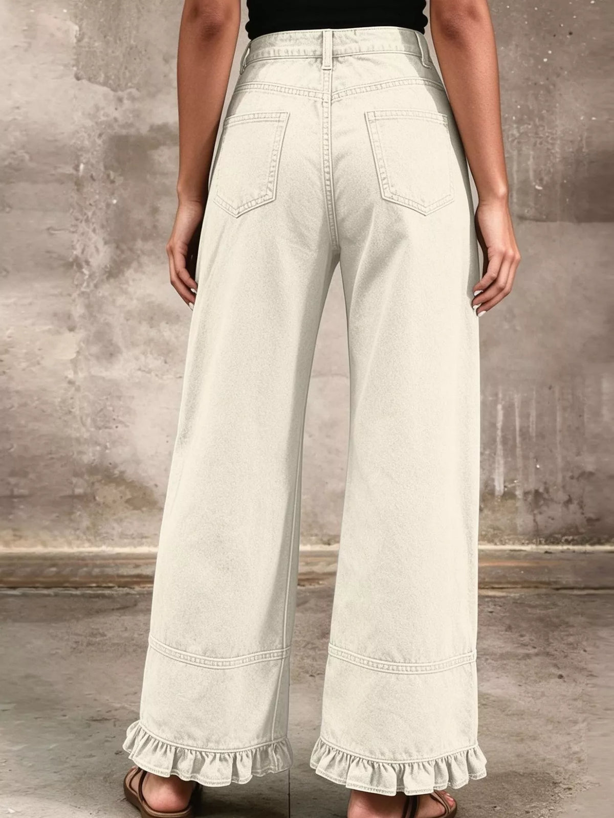 High-Waisted Wide-Leg Ruffle Hem Jeans