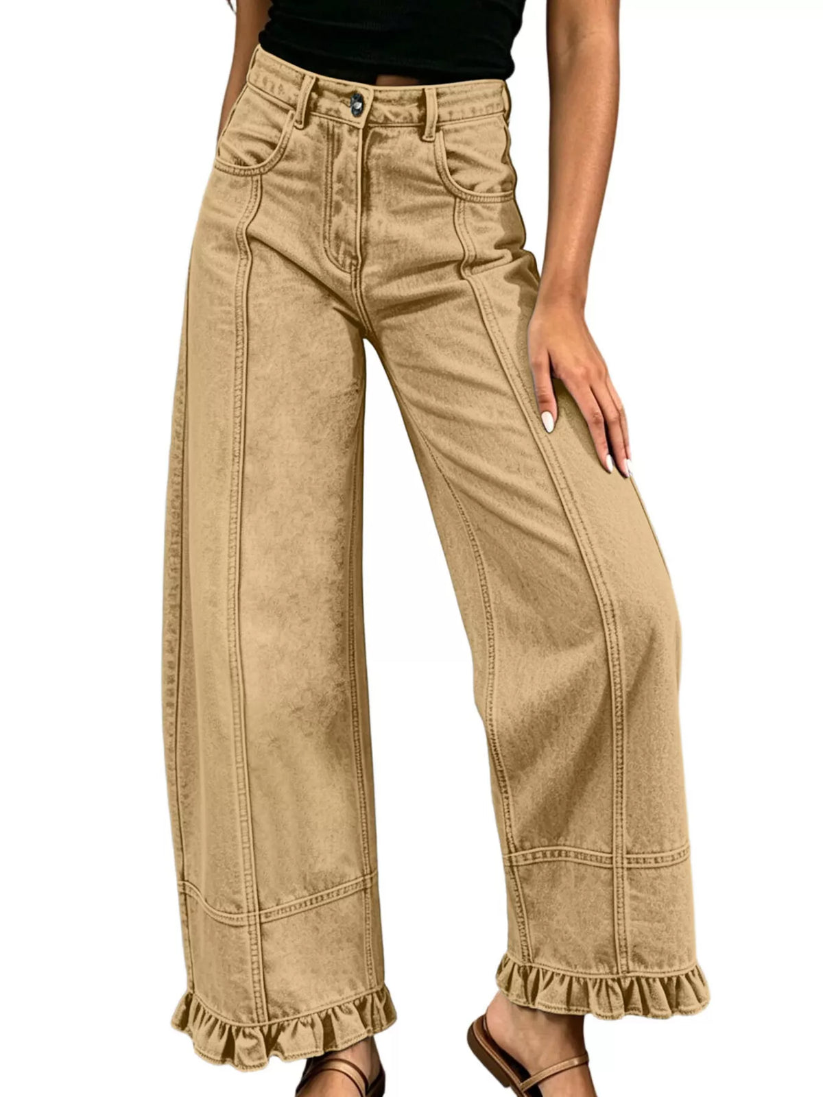 High-Waisted Wide-Leg Ruffle Hem Jeans