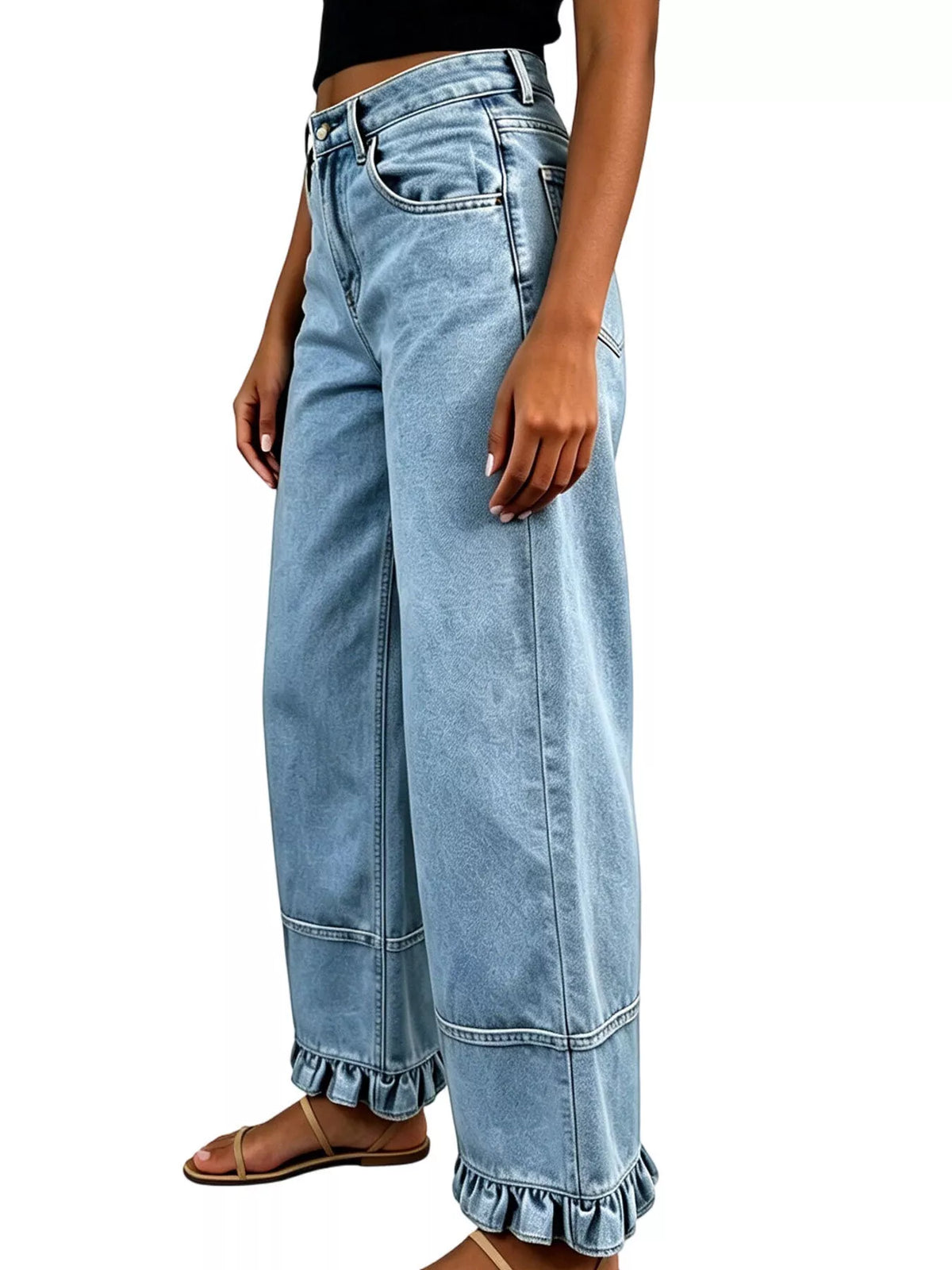 High-Waisted Wide-Leg Ruffle Hem Jeans