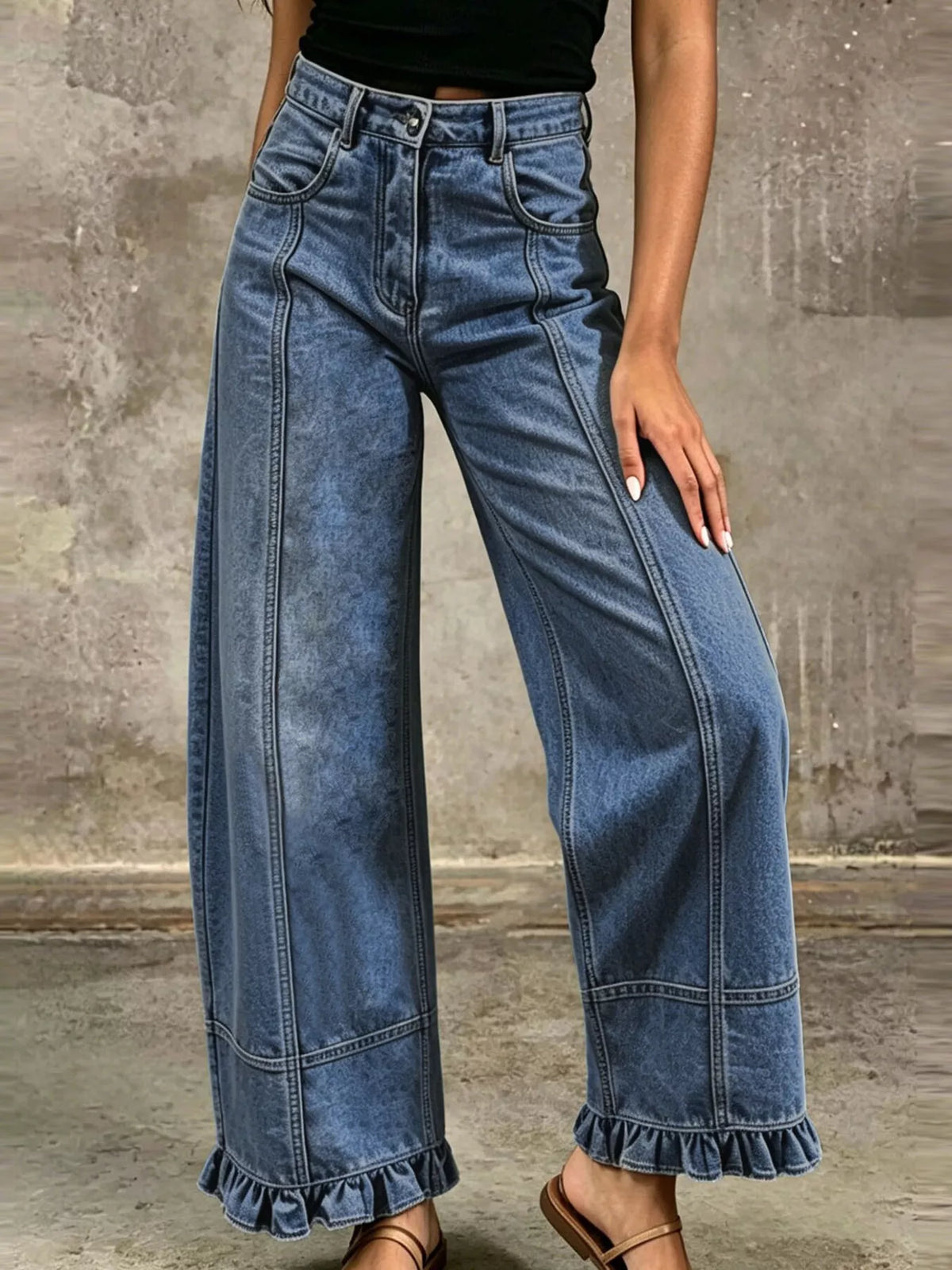 High-Waisted Wide-Leg Ruffle Hem Jeans