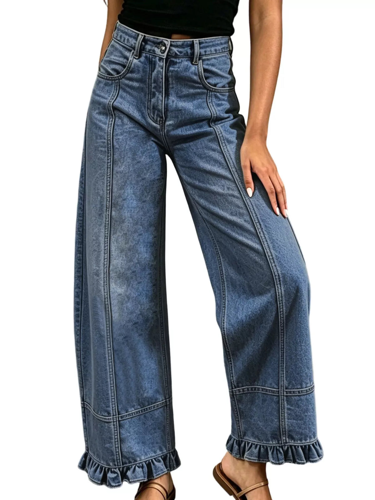 High-Waisted Wide-Leg Ruffle Hem Jeans
