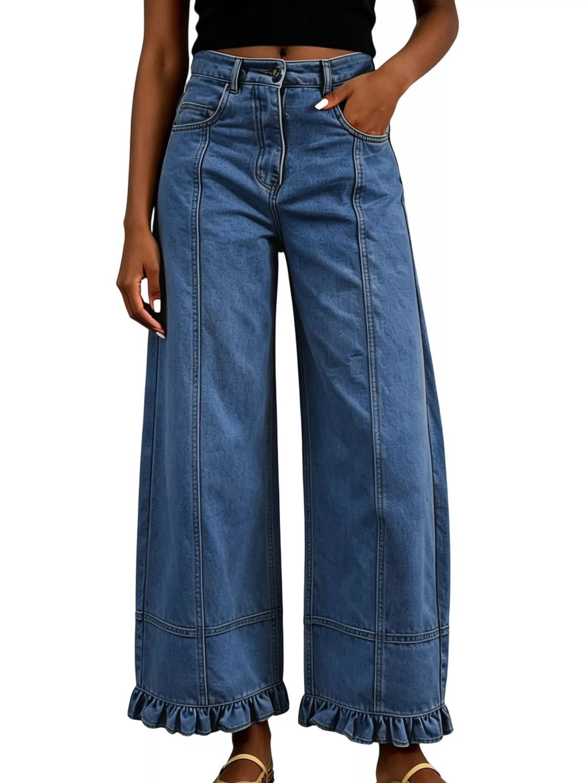 High-Waisted Wide-Leg Ruffle Hem Jeans