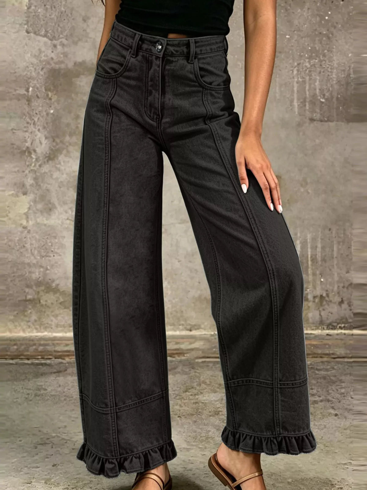 High-Waisted Wide-Leg Ruffle Hem Jeans
