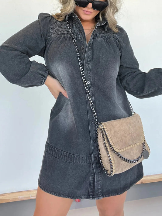 Full Size Button Front Long Sleeve Denim Dress