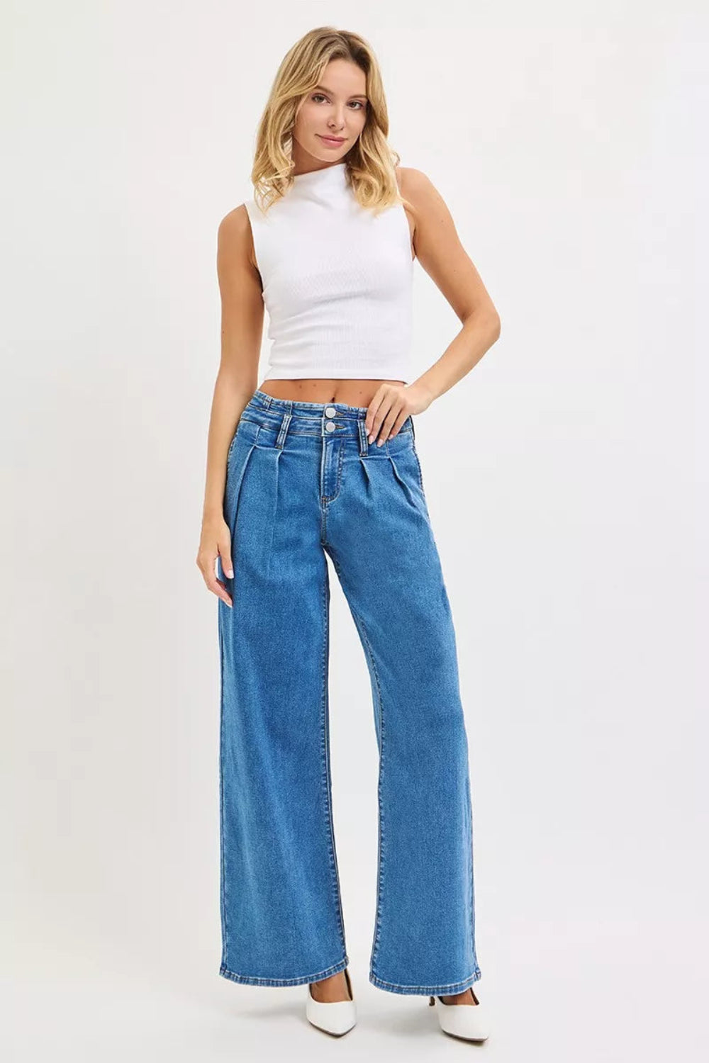 Mid Rise Fit Wide Leg with Pleated Detail Jeans | Deb Shops