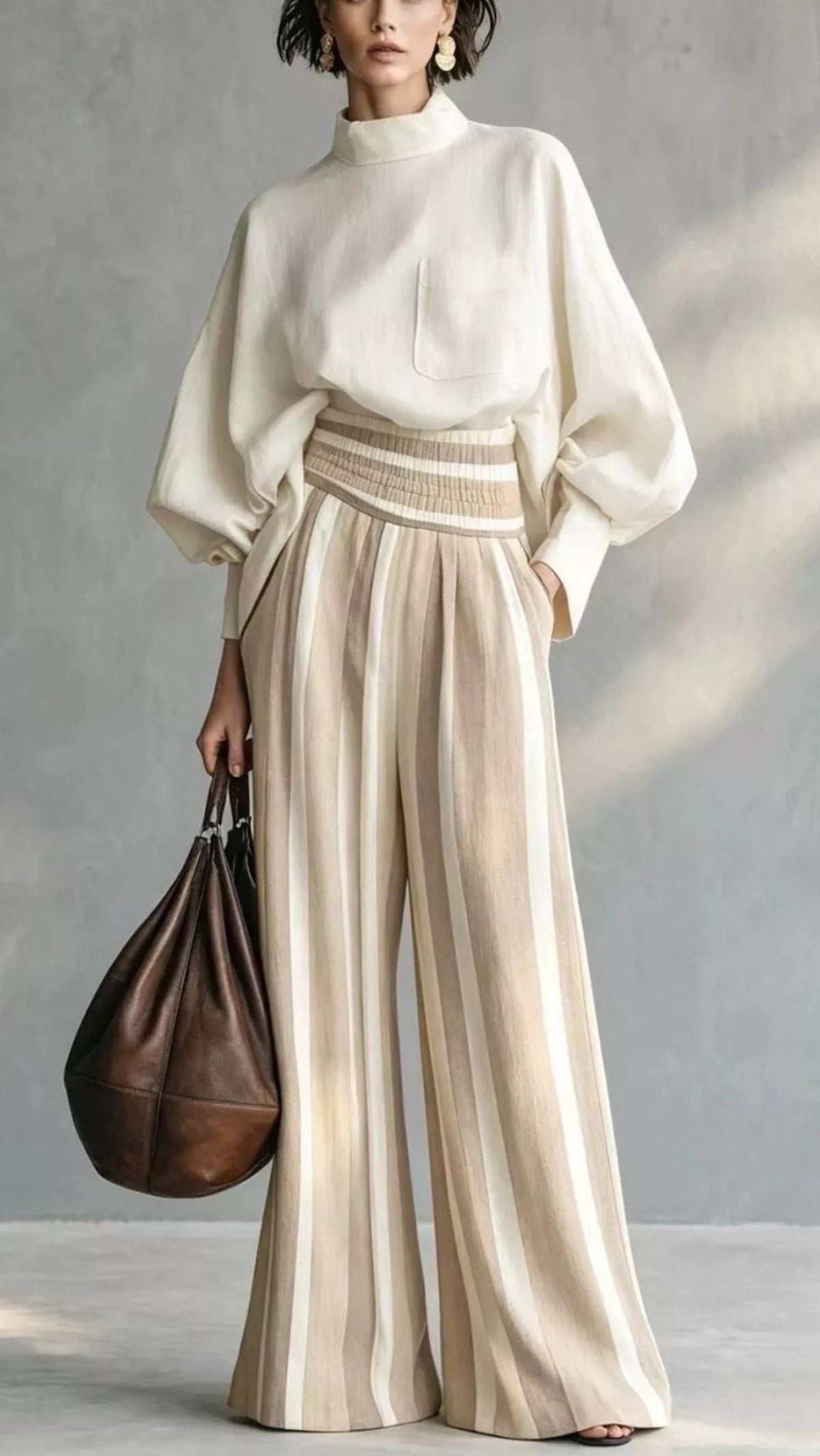 Mock Neck Top & Striped Wide-Leg Pants Set