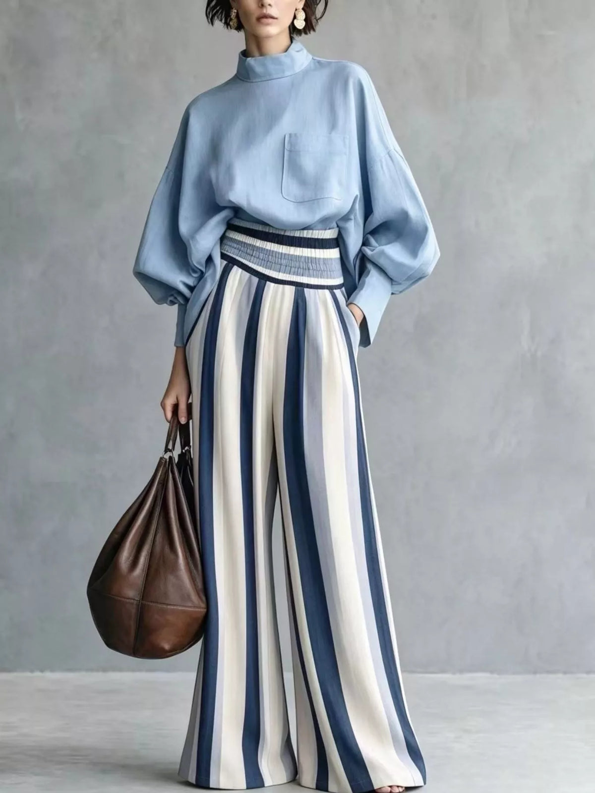 Mock Neck Top & Striped Wide-Leg Pants Set