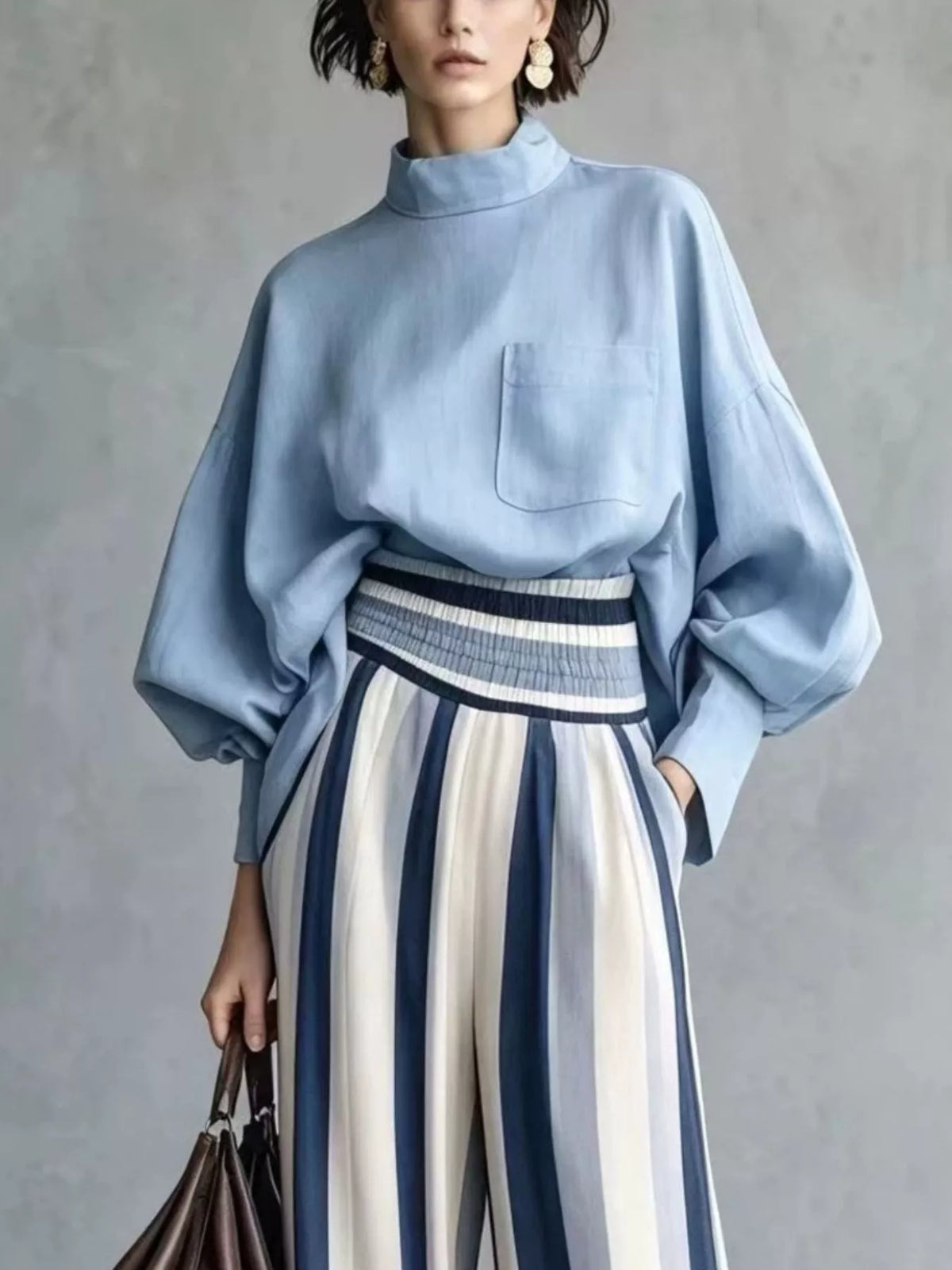 Mock Neck Top & Striped Wide-Leg Pants Set