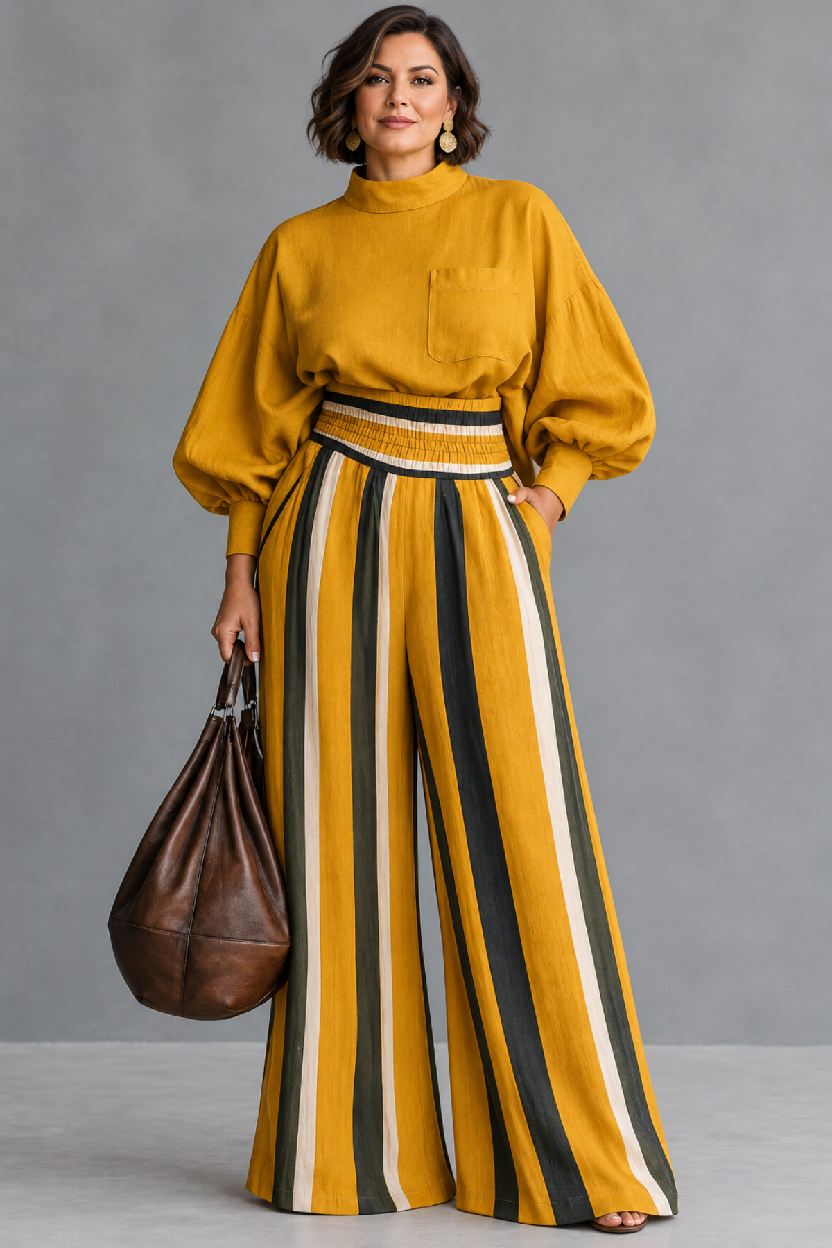 Mock Neck Top & Striped Wide-Leg Pants Set