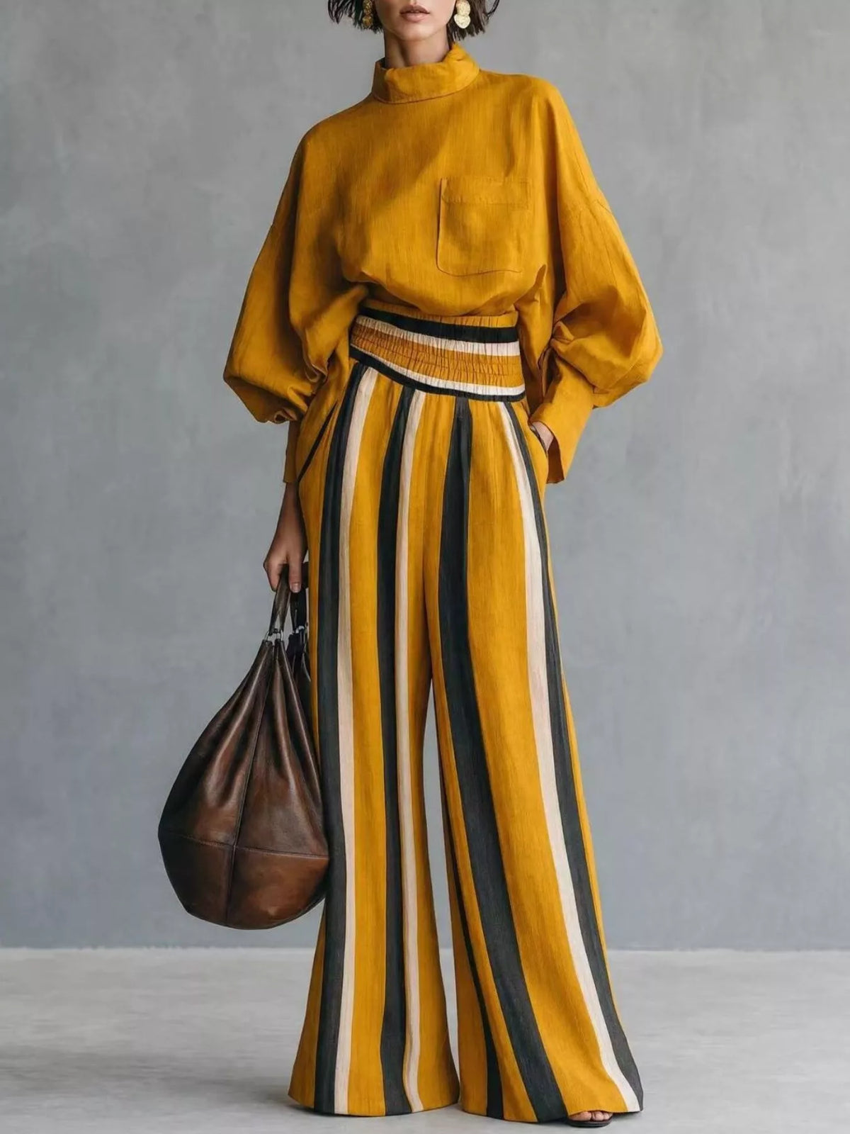 Mock Neck Top & Striped Wide-Leg Pants Set